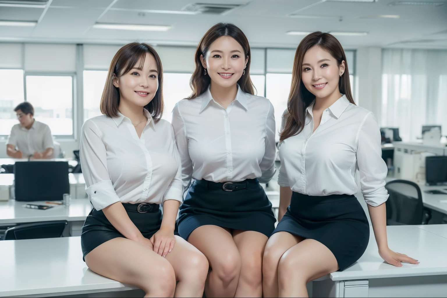 ((Best Quality, 8k, Masterpiecedetails, ultra-high resolution)), (looking at the viewer), (full shot:), attractive business 5 milfs, 5 people, a bit chubby:0.25, white collared shirt, grey skirt, (sitting with cross legs on office desks)), smile, office of CEO,