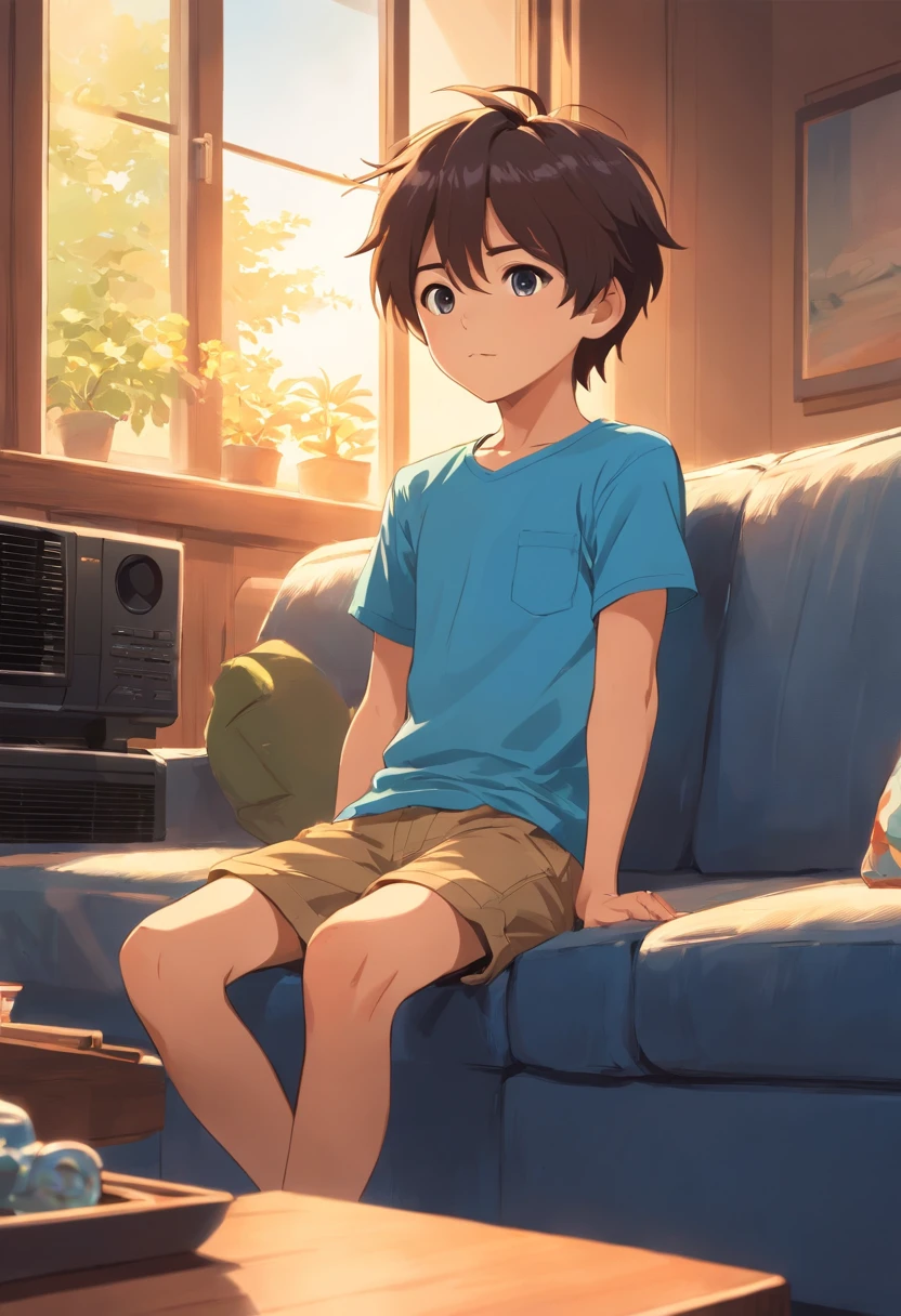 A cute little boy wearing a short-sleeved blue T-shirt is sitting on the sofa in the house. On the left is an air conditioner. This air conditioner is blowing the wind and the sun is shining into the house outside the window.