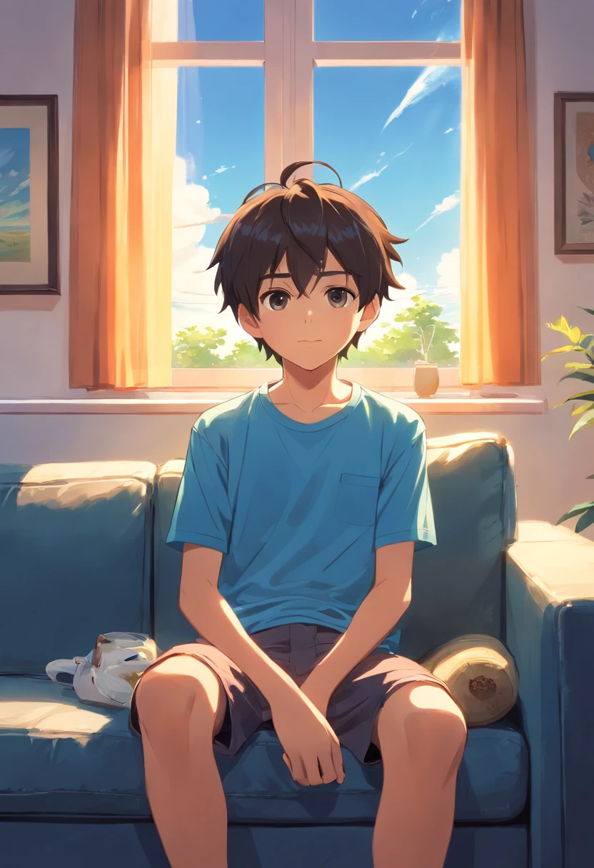 A cute  boy wearing a short-sleeved blue T-shirt is sitting on the sofa in the house. On the left is an air conditioner. This air conditioner is blowing the wind and the sun is shining into the house outside the window.