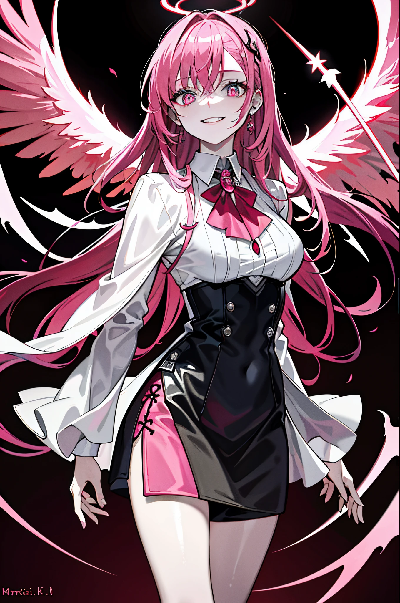 Master masterpieces,best qualityer,8K,stunning detailed,1girll,angelicales,The halo,Morbid maniacal laughter,Pink hair color,Red glowing pupils,ragged attire,Needle in hand,Solo 1.5,Chest 1.5,In the ward,Gloomy atmosphere