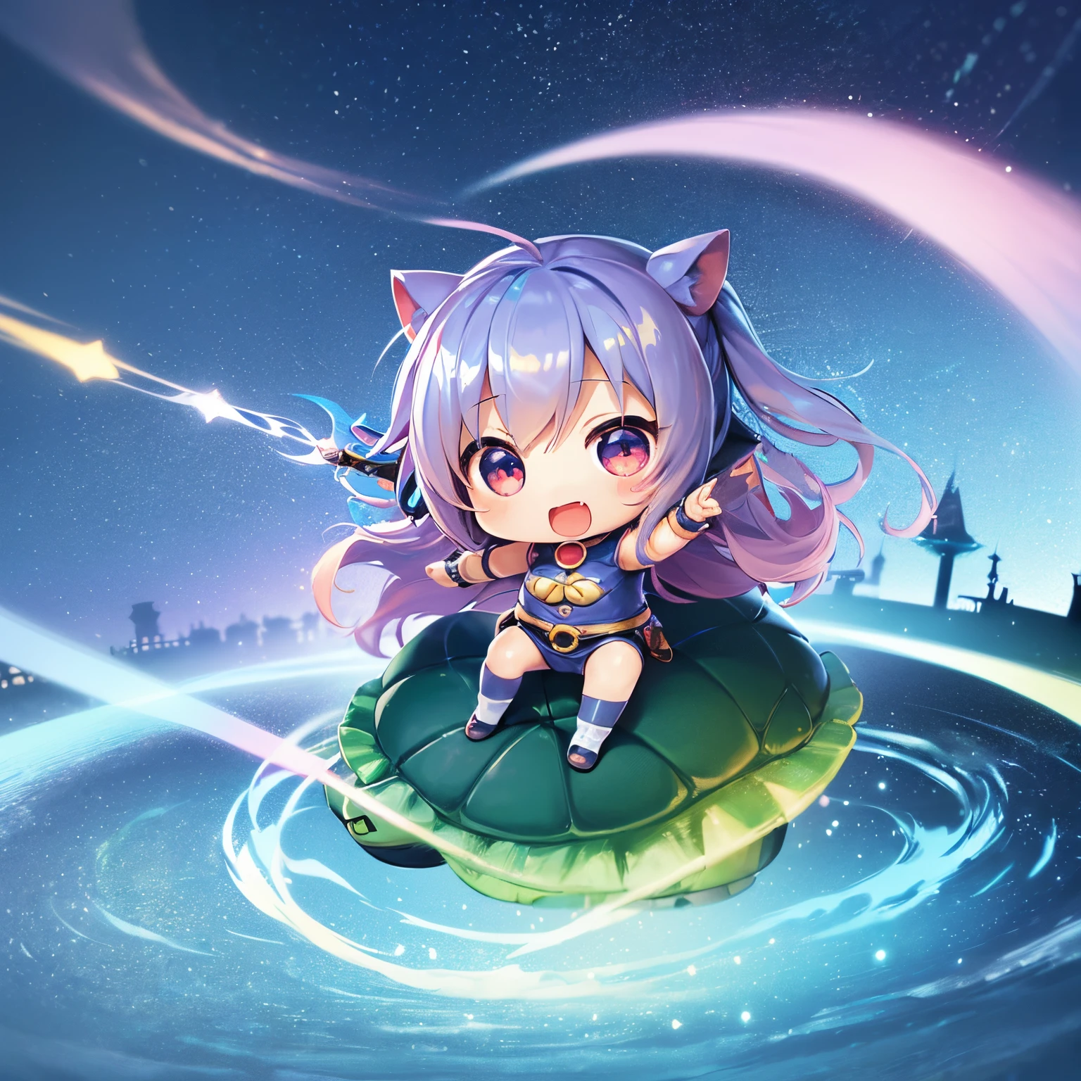 super high quality, (chibi, super deformed, full body, big head:1.5), 3D, cute little girl having fun riding a huge stuffed turtle, background fairy tale fantasy world, iridescent, professional flare lighting