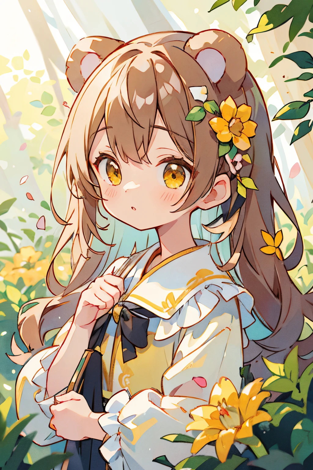 1girl in, Elegant floral dress, absurderes, hight resolution, (Anime style:1.1), ((masutepiece)), ((Best Quality)), (Ultra-detailed), (Beautiful),Beautiful face、(liftup), s、(((Bear ears)))((Stuffy look、))heart mark、honey、Brown hair、Yellow eyes、yellow flower、Background Simple、((The upper part of the body))、Long、 Intricate details, Soft and dreamy lighting, Pastel color palette, Shallow depth of field, The blur of sunlight shining through the leaves, Highly detailed, Hyper-realistic,