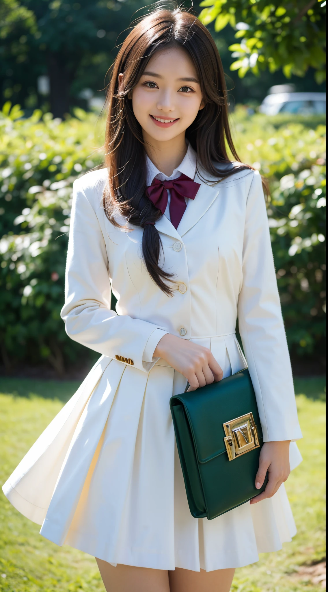 girl, long whitr hair，japanes ,Happy smile, White school uniform, schools, RAW photogr, actual,with dynamism, Green background, Extremely Delicately Beautiful, The is very detailed,