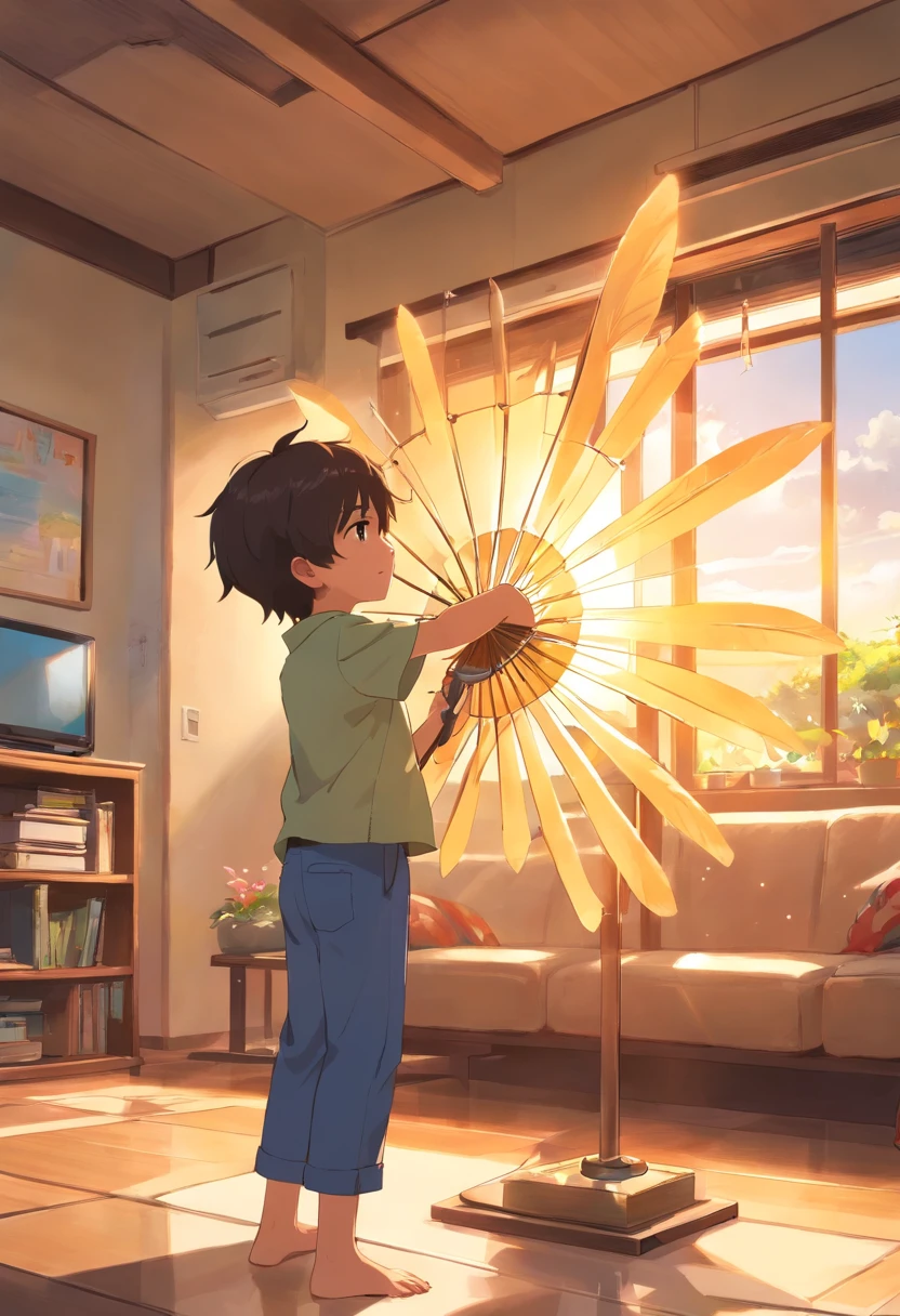 a sun-filled living room。There is a comfortable sofa in the background of the picture, and a cute in the center of the picture.,He is wearing short-sleeved clothes,Beads of sweat on his head。He is holding a fan in his hand,is fanning vigorously,Trying to relieve feelings of heat。
The little boyy is leaning,head slightly sideways,A focused expression on his face。He holds the fan tightly,Fan the air with all your strength,It looks a little difficult but very cute。
The light in the picture tends to be brighter,To highlight the feeling of summer heat。