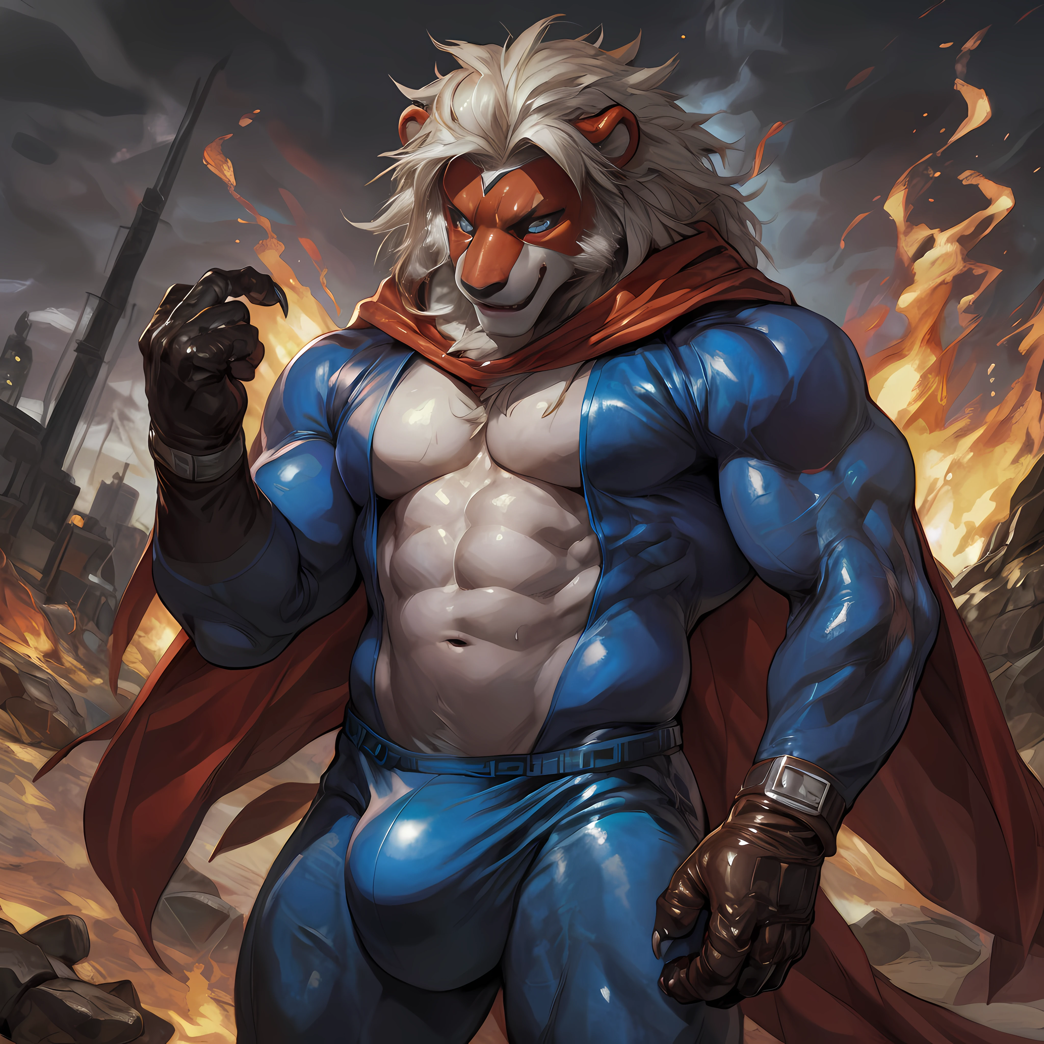 2d, masterpiece, best quality, 4k, 8k, ultra highres, raw photo in hdr, sharp focus, photo realism ,real life like, in a night city, detailed background, solo, (gloves, mask, red skin tight suit outft), sweat, (by null-ghost, by thebigslick, by darkgem, by honovy), large, body, anthro, lion, male focus, barazoku, muscular, perfect purple eyes, full body, cape, Standing, Villain, Bad Guy, Evil, smirk, crazy, claws, large bulge detail, crazy eyes, Breaking down door, room on fire, sexy tease, suggestive, flirting, bad boy, crazy,