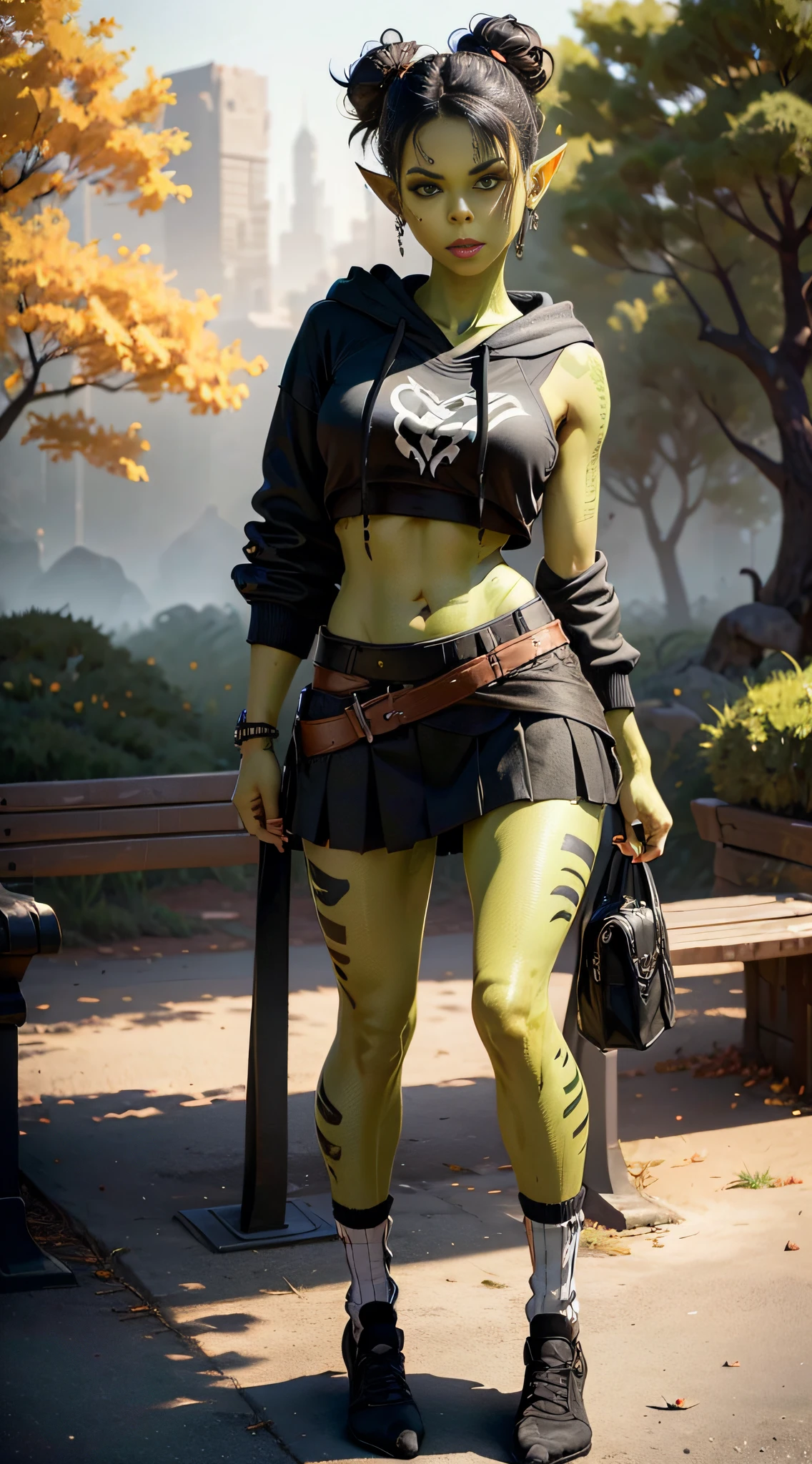 1girl, sexy githyanki, (green skin:1.4), black short hair bun, orange eyes, pointy ears, navel, midriff, (black crop hoodie:1.2), (black plain skirt:1.2), (black-and-white striped high socks:1.2), shoes on platform, belt, pouch, medium breasts, athletic, posing in the park, autumn, bench, black lipstick, black eyeliner, highly detailed face and eyes, sunlight, midday, best quality, masterpiece, realistic, anatomically correct, stunning details, intricate details, 8k post-production, high resolution, super details, trending on ArtStation, sharp focus, depth of field f/1.8, studio photos