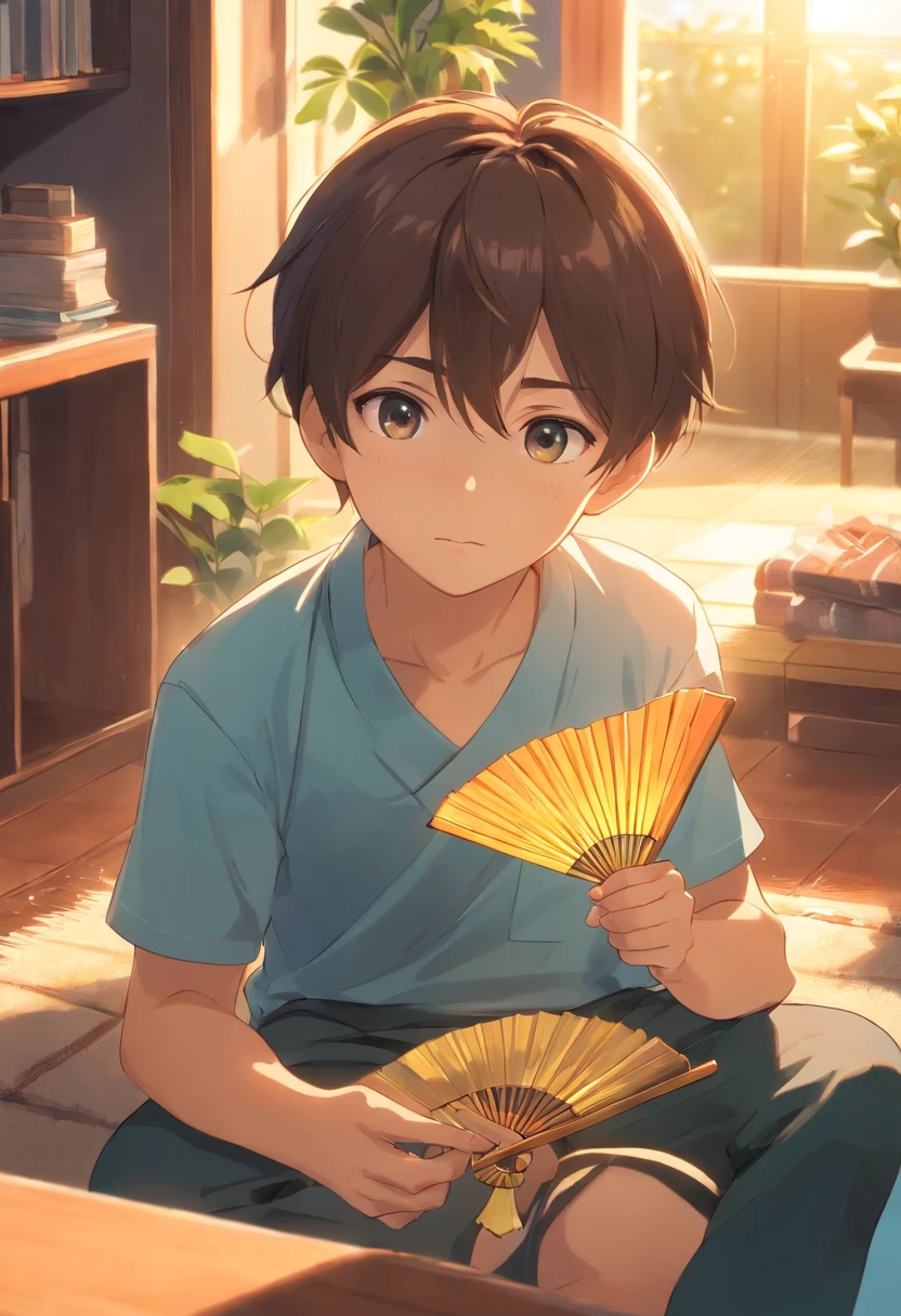 a sun-filled living room。There is a comfortable sofa in the background of the picture, and a cute  boy in the center of the picture.，He is wearing short-sleeved clothes，Beads of sweat on his head。He is holding a fan in his hand，is fanning vigorously，Trying to relieve feelings of heat。 The little39;s body is leaning，head slightly sideways，A focused expression on his face。He is holding a folding fan tightly，Fan the air with all your strength，It looks a little difficult but very cute。 The light in the picture tends to be brighter，To highlight the feeling of summer heat。