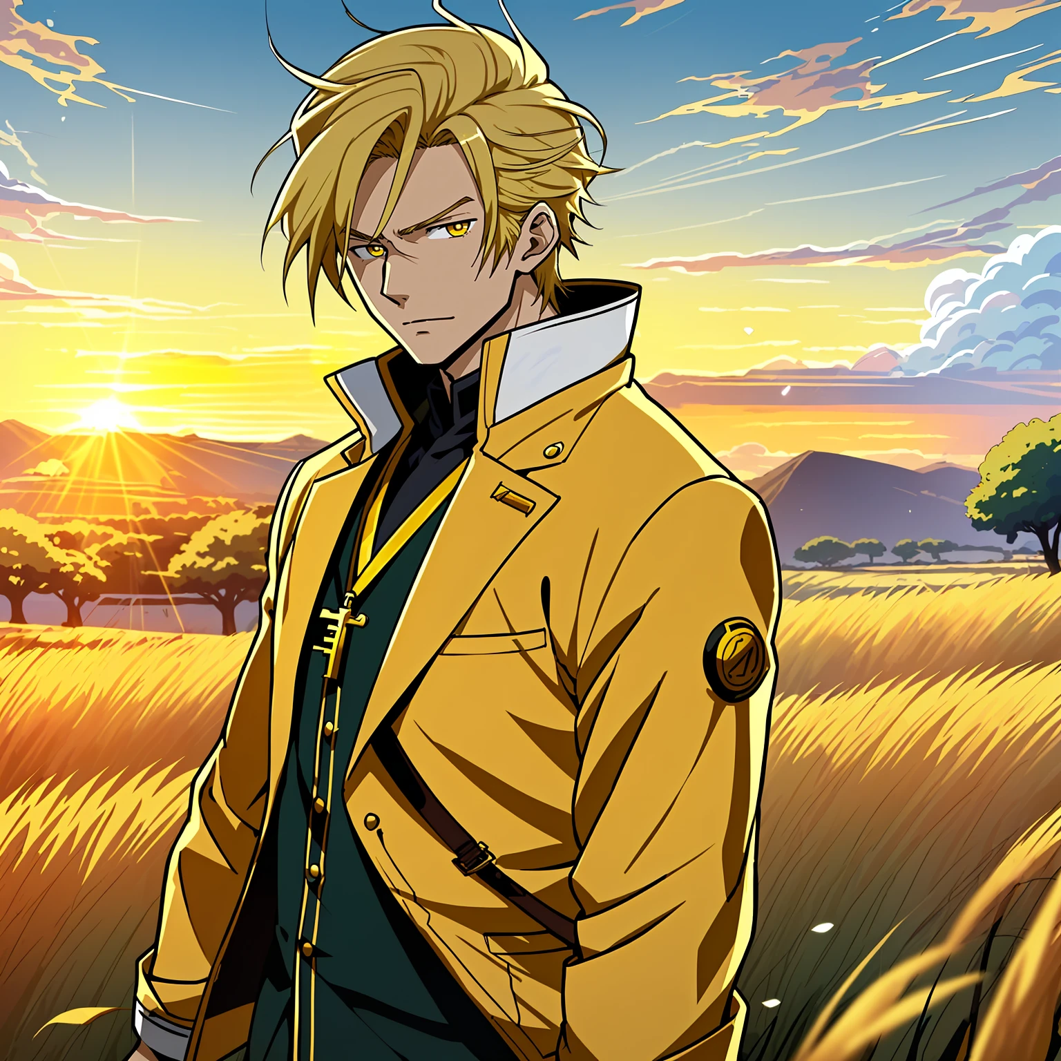 Handsome cartoon man in rye field against sunrise background,Blonde hair,yellow eyes,White coat,Gold trim, Anime handsome avatar,with a sacred feeling,Official illustration, offcial art, young anime man, Key anime art