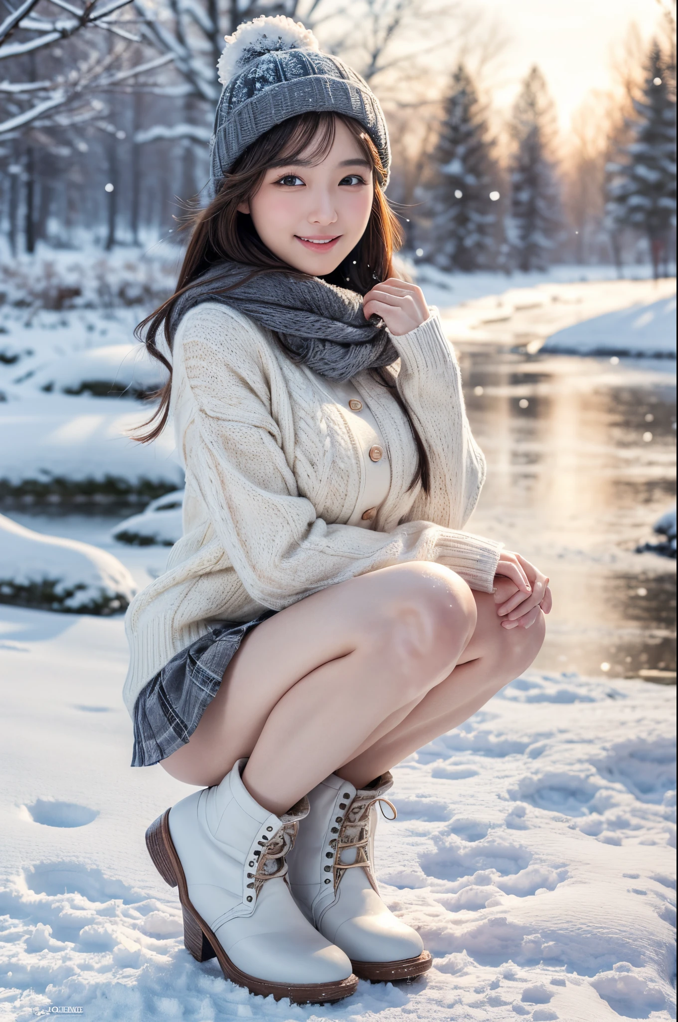 (masutepiece:1.3, Photorealsitic:1.4, 8K), top-quality, ​masterpiece, 超A high resolution, Perfect dynamic composition, Highly detailed skin and facial texture:1.3, A detailed eye, Detailed limbs, Winters, (snowflakes falling:1.2), Snowfall landscape at night:1.2, 1girl in, Cute sexy 25 year old slim woman, Fair skin, (Snow fell on my body and clothes:1.2), ((A smile:0.9, Totally captivates you:1.0)), (Short jacket over white long sleeve sweater:1.3, Tweed Mini Skirt:1.1), ((voluptuous breasts:1.08)), Short boots, (Facing the front, bend your knees and squat on the snow), (Beautiful blue eyes, Eyes that feel beautiful eros:0.85), Sexy face:0.4, (A mouthfeel that feels beautiful eros:0.85), ((Beauty of another dimension:0.9))