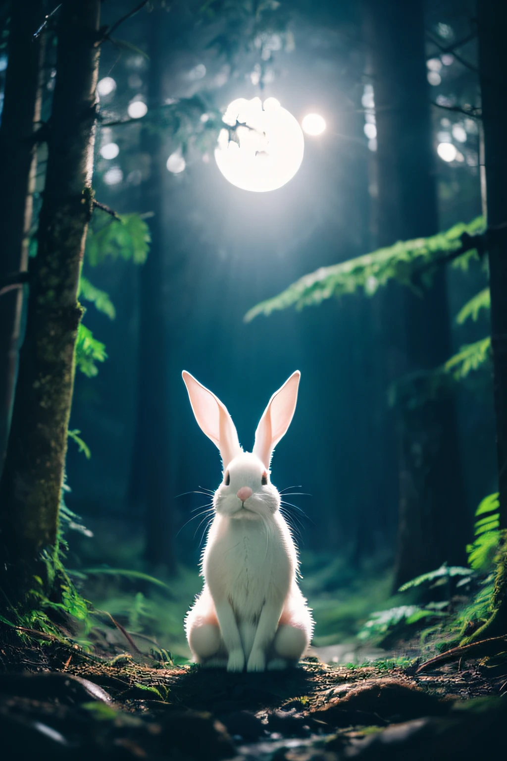 A rabbit wearing an anime-style shimenawa rope in the forest at night The surrounding area is dark and a pale light is waiting.