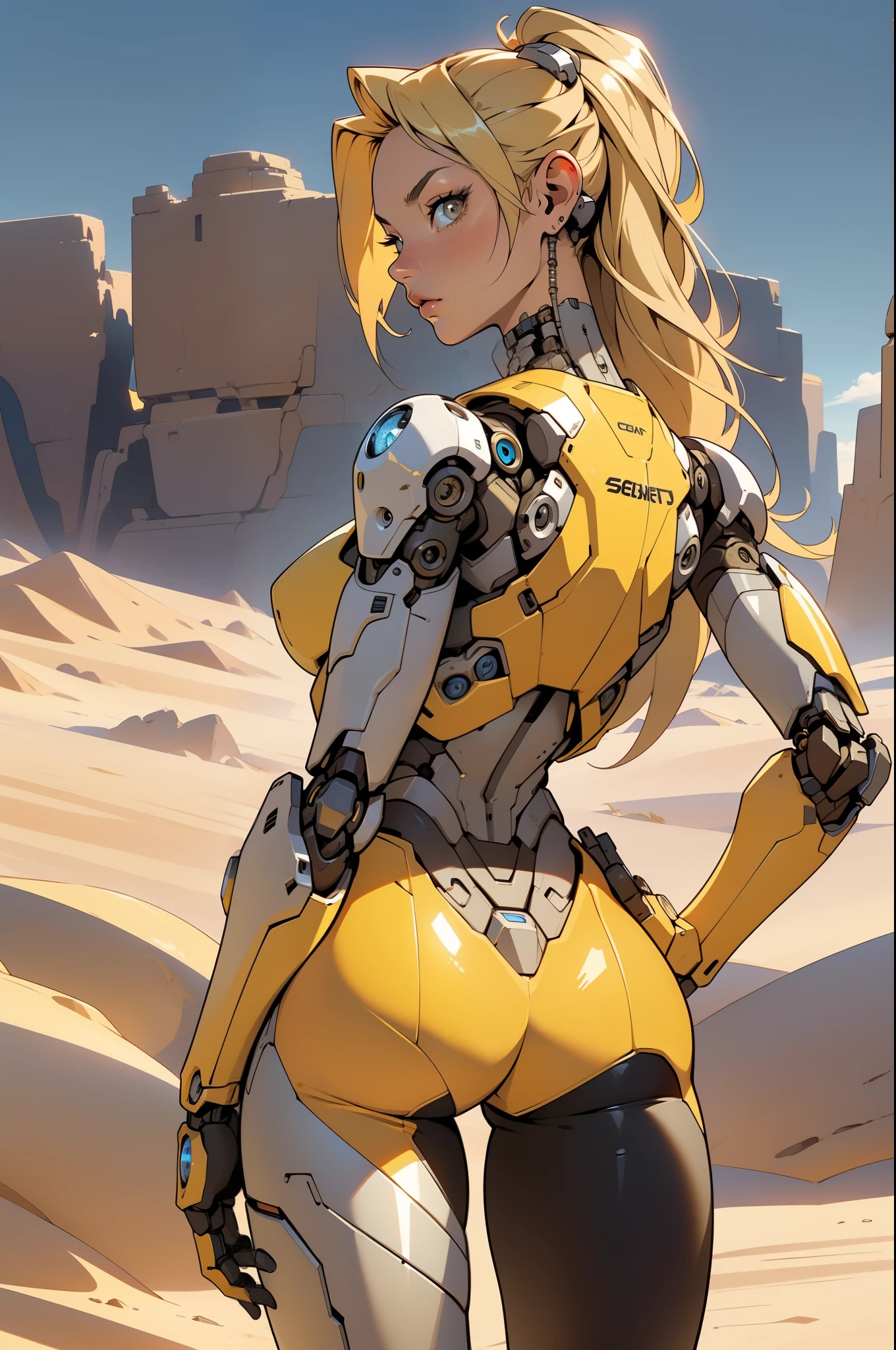 high quality, 4k, masterpiece, beautiful, cyborg girl, cowboy shot, dull eyes, back side, turning around to look at viewer, long blonde hair, girl, small breasts, fit thigh, robotic arms, robotic body, cyborg body, yellow accent, red accent, intricate detail, joint, detailed lines, robotic detail, 1fist on hip, color robotic parts, robotic parts with color, perfect fingers, on a desert planet, sunny background, colorful desert,