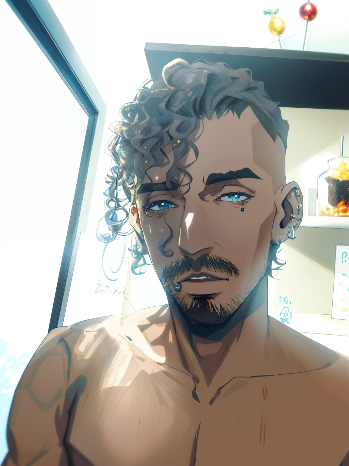 tem um homem com piercing no nariz e piercing no nariz, (38 anos), curls on top of his head, cerca de 3 5 anos, barbeado limpo!!!!, cabelos cacheados e curtos, 2 9 anos, 38 anos, Homem de 4 0 anos, 3 2 anos, 2 7 anos