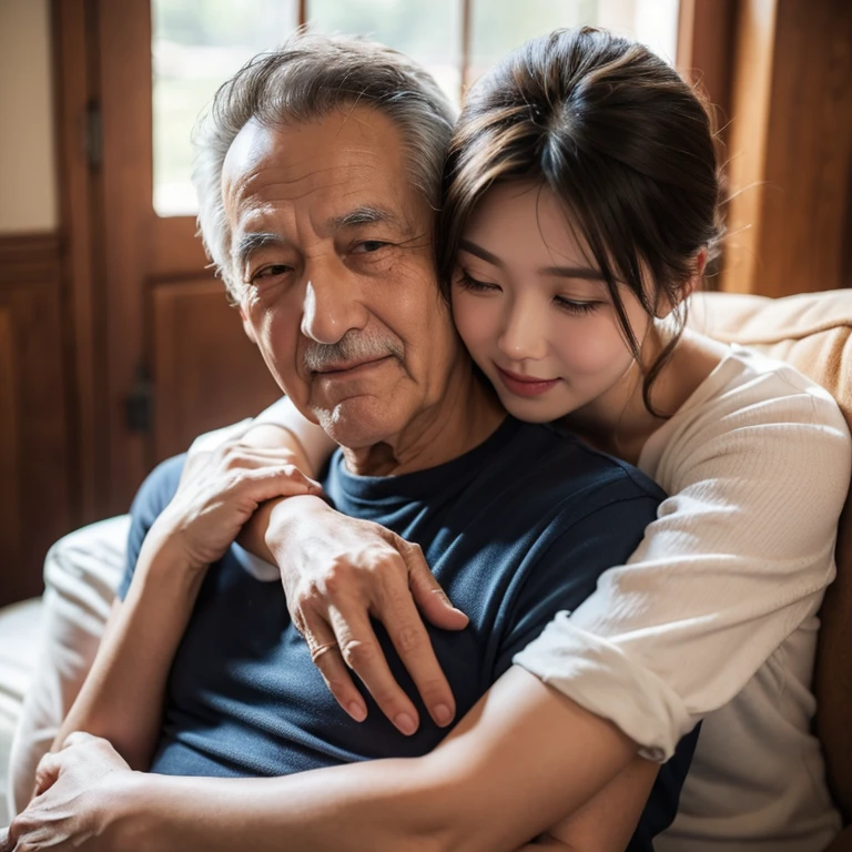 The old man hugs his daughter-in-law