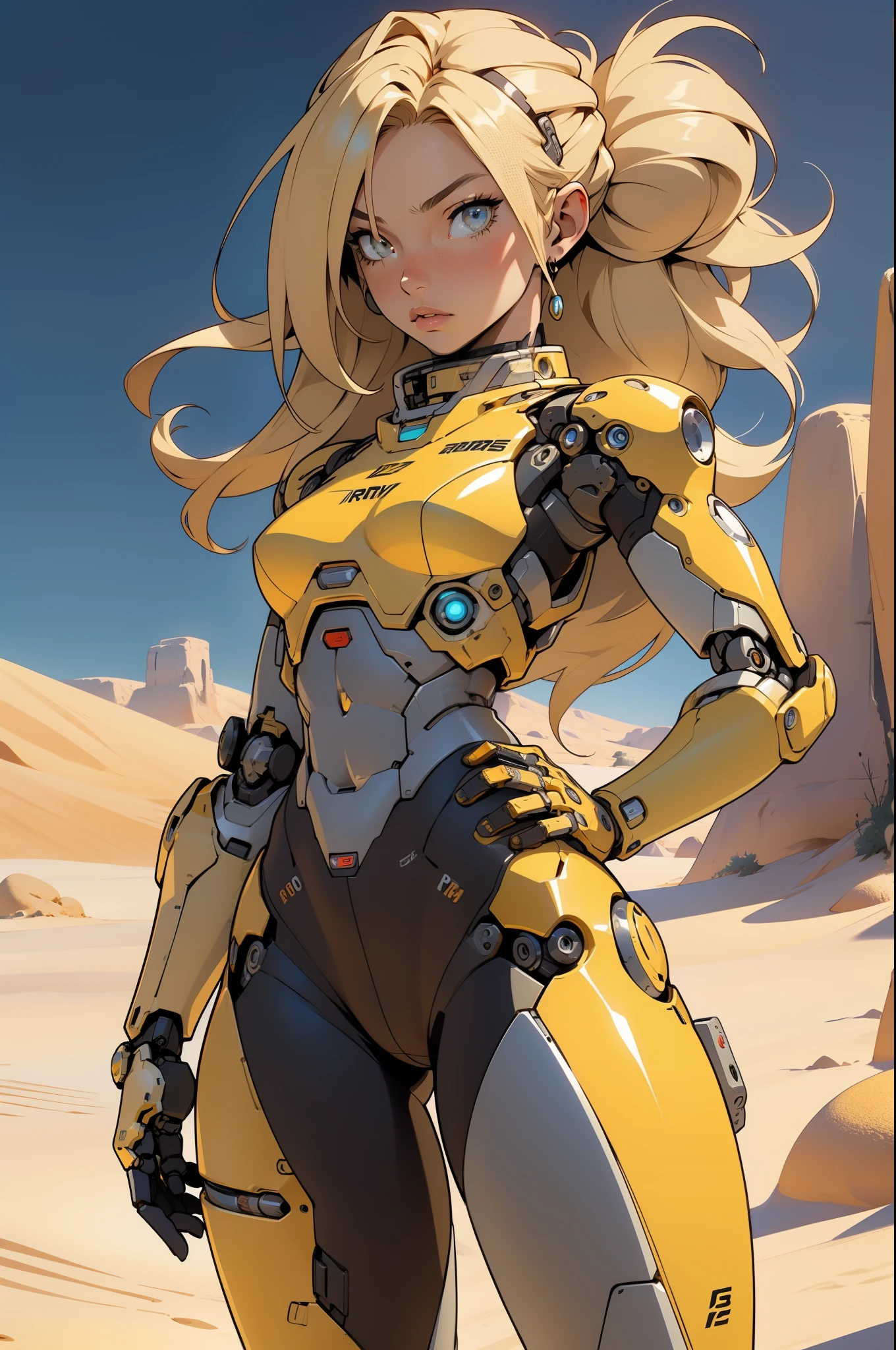 high quality, 4k, masterpiece, beautiful, cyborg girl, cowboy shot, dull eyes, front, looking at viewer, long blonde hair, girl, small breasts, fit thighs, robotic arms, robotic body, cyborg body, yellow & white uniform, orange accent, intricate detail, joint, detailed lines, robotic detail, holding fist up, holding hand up as fist, color robotic parts, robotic parts with color, perfect fingers, on a desert planet, sunny background, colorful desert, a river or a lake in the background, slender thighs, skinny thighs,