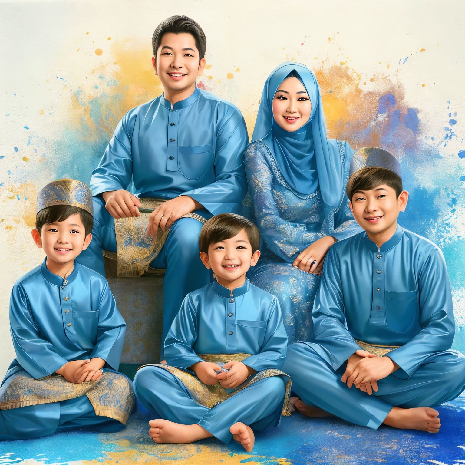 arafed family posing for a picture in blue outfits, happy family, an indonesian family portrait, family portrait, traditional art, realism art, color portrait, traditional clothes, traditional portrait, potrait, barong family, high quality portrait, full body portrait painting, traditional, family, by Abidin Dino, paining, traditional clothing, paiting