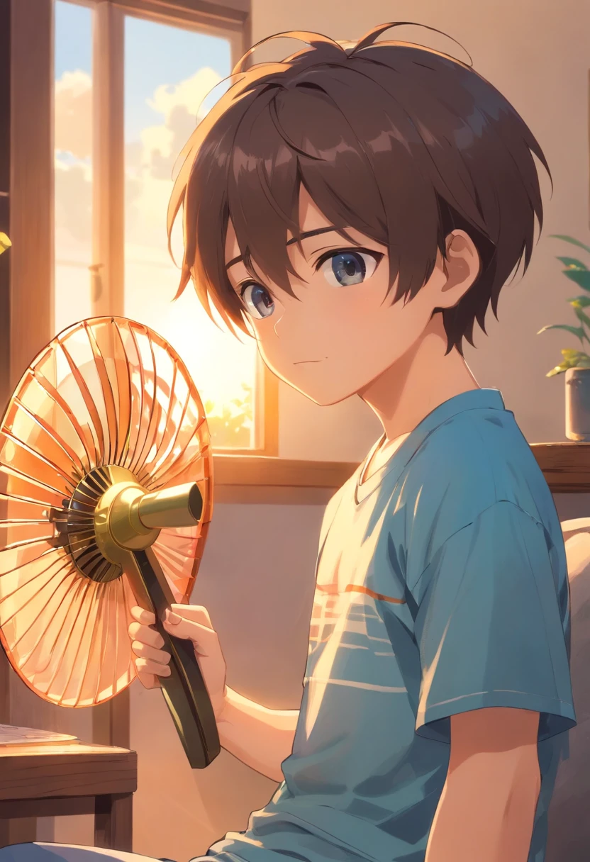 a sun-filled living room。There is a comfortable sofa in the background of the picture, and a cute little boy in the center of the picture.,He is wearing short-sleeved clothes,Beads of sweat on his head,Beads of sweat flowed down the chain,Dripping down。He is holding a fan in his hand,is fanning vigorously,Trying to relieve feelings of heat。 The little boy's body is leaning,head slightly sideways,A focused expression on his face,My clothes are wet。He is holding a folding fan tightly,Fan the air with all your strength,It looks a little difficult but very cute。 The light in the picture tends to be brighter,To highlight the feeling of summer heat。