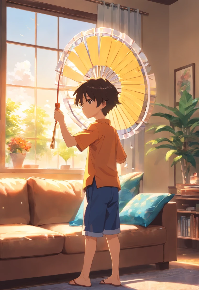 a sun-filled living room。There is a comfortable sofa in the background of the picture, and a cute boy in the center of the picture.,He is wearing short-sleeved clothes,Beads of sweat on his head,Beads of sweat flowed down the chain,Dripping down。He is holding a fan in his hand,is fanning vigorously,Trying to relieve feelings of heat。 The little39;s body is leaning,head slightly sideways,A focused expression on his face,My clothes are wet。He is holding a folding fan tightly,Fan the air with all your strength,It looks a little difficult but very cute。 The light in the picture tends to be brighter,To highlight the feeling of summer heat。