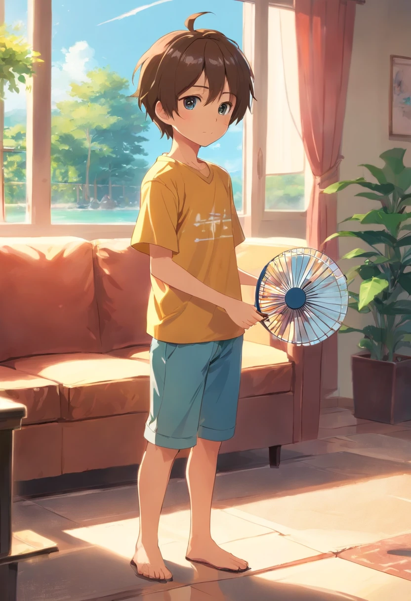 a sun-filled living room。There is a comfortable sofa in the background of the picture, and a cute little boy in the center of the picture.,He is wearing short-sleeved clothes,Beads of sweat on his head,Beads of sweat flowed down the chain,Dripping down。He is holding a fan in his hand,is fanning vigorously,Trying to relieve feelings of heat。 The little boy's body is leaning,head slightly sideways,A focused expression on his face,My clothes are wet。He is holding a folding fan tightly,Fan the air with all your strength,It looks a little difficult but very cute。 The light in the picture tends to be brighter,To highlight the feeling of summer heat。