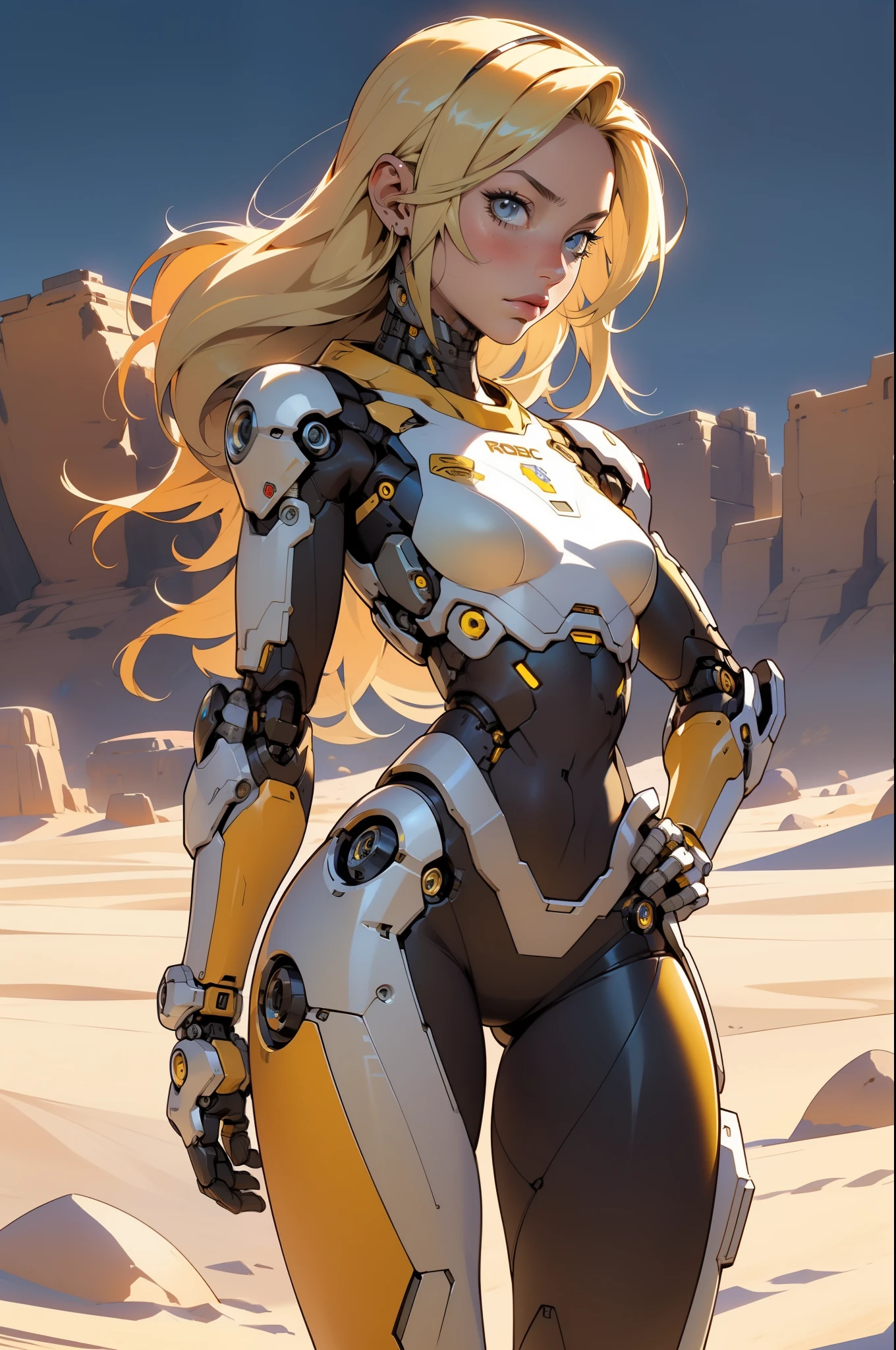 high quality, 4k, masterpiece, beautiful, cyborg girl, cowboy shot, dull eyes, back side, turning around to look at viewer, long blonde hair, girl, small breasts, fit thigh, robotic arms, robotic body, cyborg body, yellow accent, red accent, intricate detail, joint, detailed lines, robotic detail, 1fist on hip, color robotic parts, robotic parts with color, perfect fingers, on a desert planet, sunny background, colorful desert,