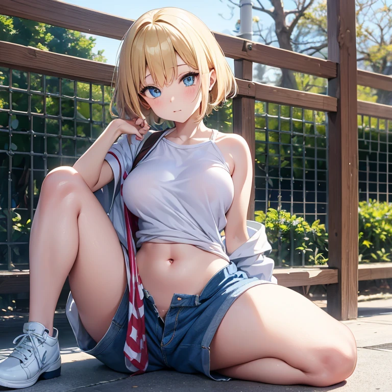 2D Anime Style、Blue eyes、Adults、breasts are slightly larger、Blonde Shorthair、Cool and beautiful woman、I'm embarrassed、full body Esbian、Winter outdoor、shortpants、Tops that show your stomach、long court