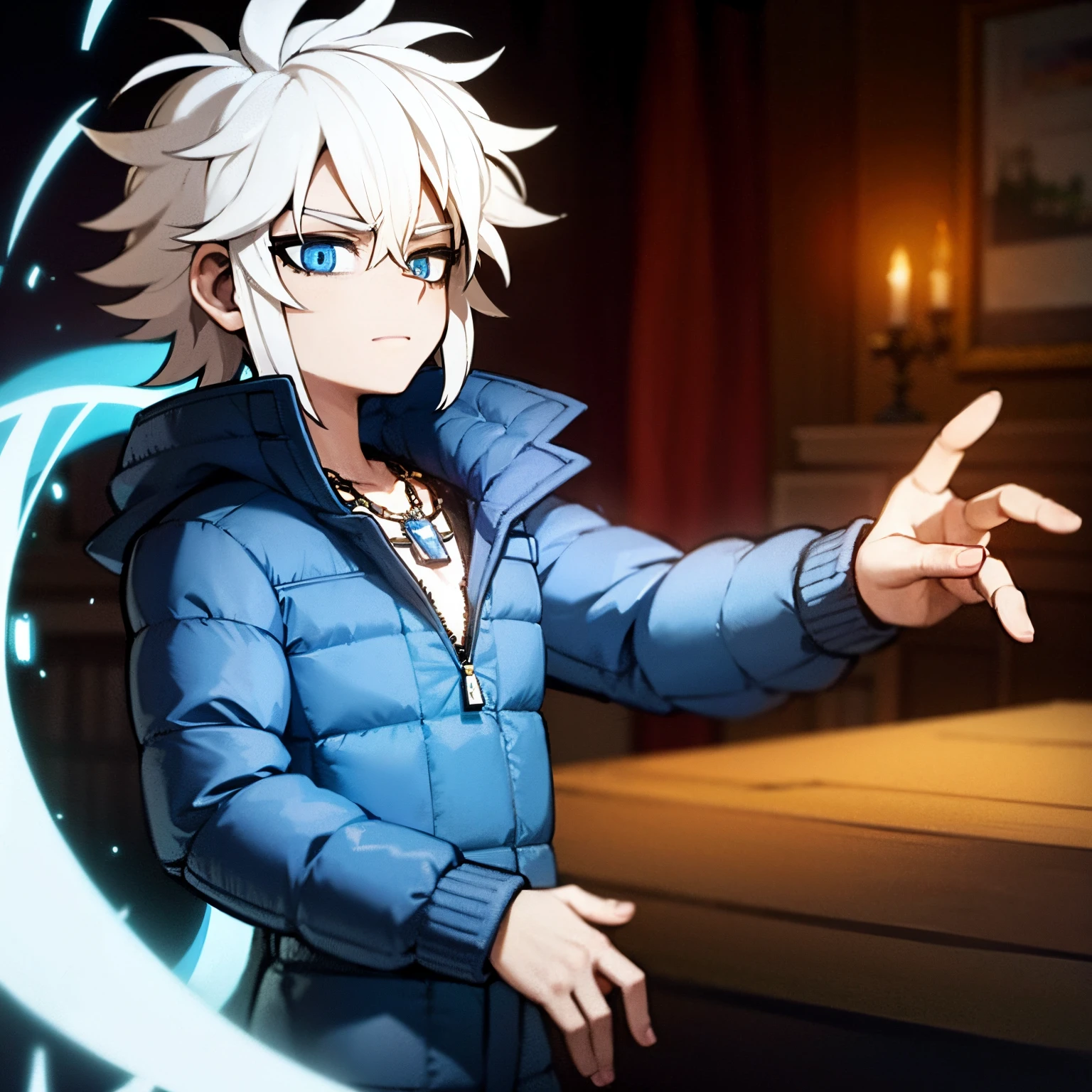 ***ung man, anime, anime HD, messy hair, white hair, tored face, dark circles under eyes, blue eyes, wearing blue puffer jacket, metal necklace, 4k, masterpiece, Anime best quality, cinematic quality