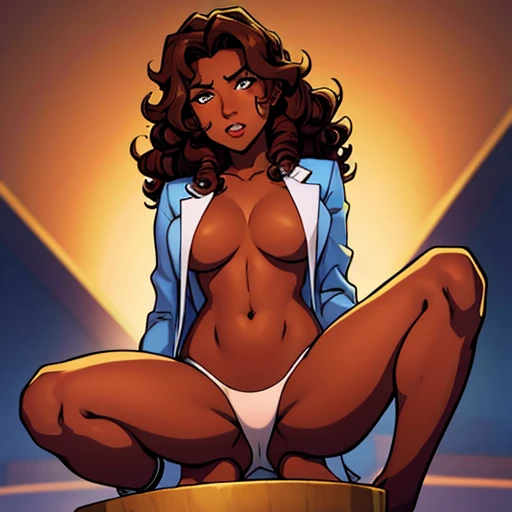 tanned woman, tanned skin, tan skin, tan woman, cross-legged, brown eyes, raised eyebrows, open jacket, brown curls, curly hair, curled hair, curls, brown hair, blush, doyagao, torogao, ahegao, blending, image fill, speed lines, anatomically correct, textured skin, masterpiece, 1080P