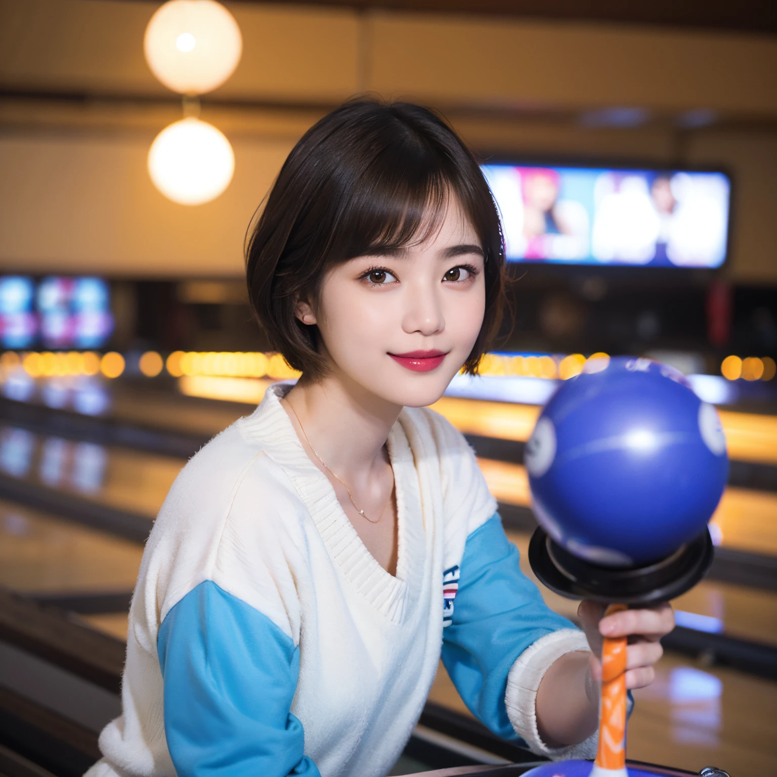 116
(a 20 yo woman,Playing bowling), (A hyper-realistic), (high-level image quality), ((beautiful hairstyle 46)), ((short-hair)), (Gentle smile), (brest:1.1), (lipsticks), (Bowling alley)