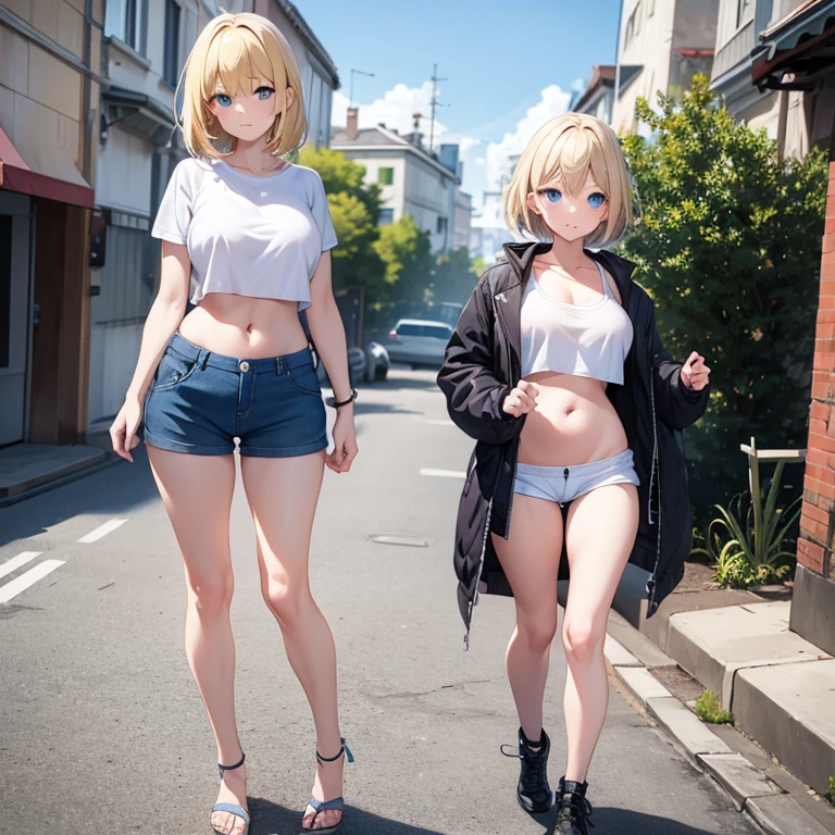 2D Anime Style、Blue eyes、Adults、breasts are slightly larger、Blonde Shorthair、Cool and beautiful woman、I'm embarrassed、full body Esbian、Winter outdoor、shortpants、Tops that show a glimpse of your stomach、long court