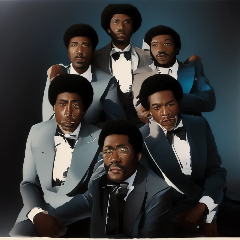 there are four black men in baby blue suits posing for a picture together, quartet publicity photo, promotional photo, promo photo, seventies era, circa 1 9 7 9, 7 0 s photo, 70s photo, promotional image, promotional shot, promotional picture, 2012, 2 0 1 2, from 1977, promo shot, 2 0 1 1, big afros, photorealistic, smooth rendering, cinematic lighting, hyperrealistic, clear detailed faces