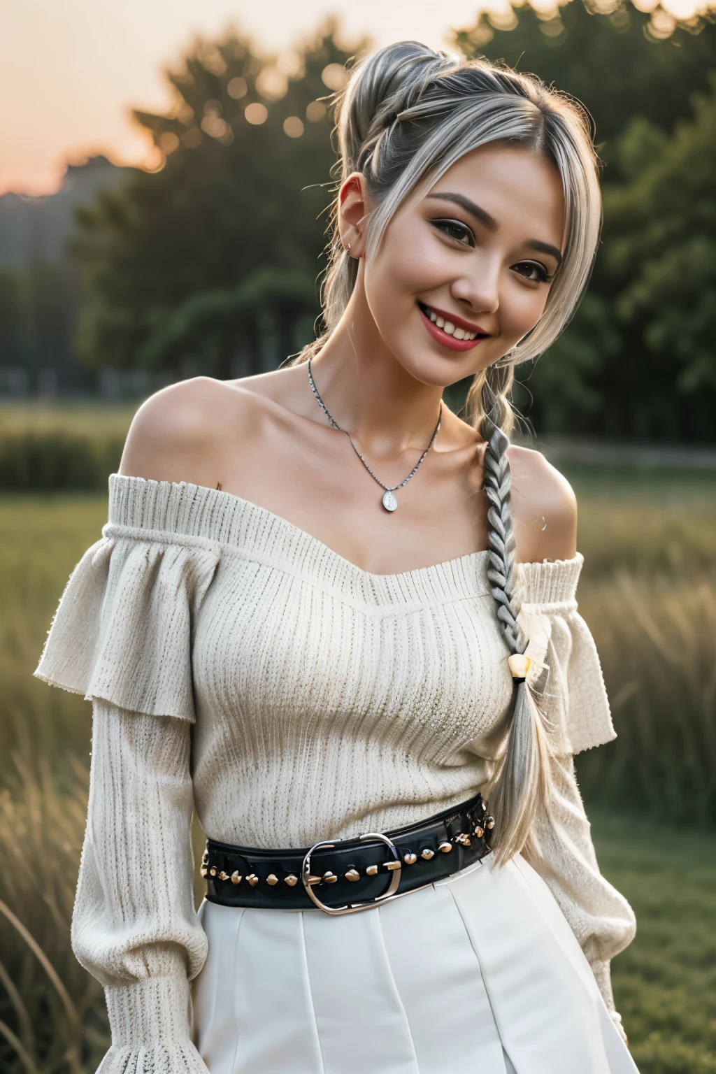 Sunset Park,The actress is a very beautiful Western adult woman........, bobbin lace ruffle mini skirt,Sexy face, a belt,bags, a necklace,piercings,Big Baggy Bobbin Lace V-Neck Off-Shoulder Sweater . Happy smile.Sexy face, Sexy Pose, (Silver hair、Ponytail twisted buns adorned with elaborate braids and beads,Braided Setup Fishbone Hair,),(Bangs are see-through bangs),(hair pin、poneyTail、Floating hair、),.(Great emphasis:1.3),Use the sunset as illumination,Cinematic Light,(masutepiece,top-quality,Ultra-high resolution output image,) ,(The 8k quality,),(Sea Art 2 Mode:1.3),,(Image Mode Ultra HD,)