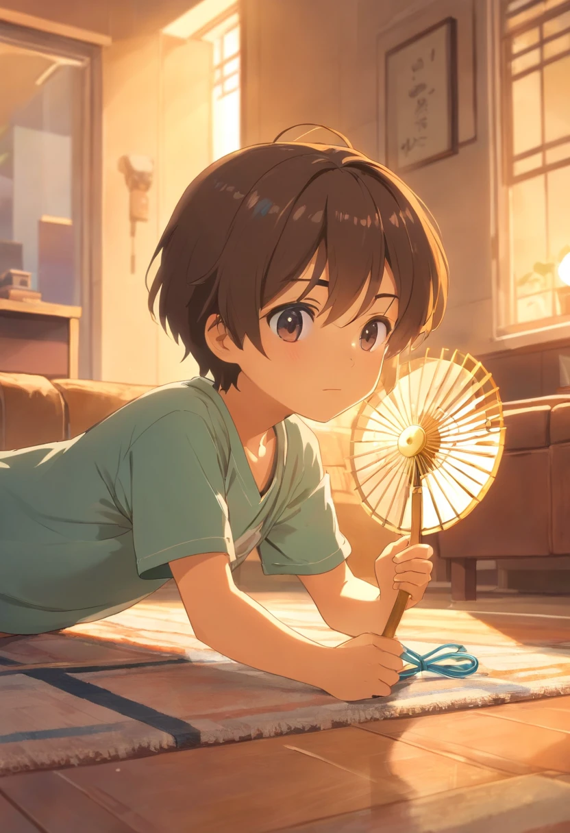 a sun-filled living room。There is a comfortable sofa in the background of the picture, and a cute little boy in the center of the picture.,He is wearing short-sleeved clothes,Beads of sweat on his head,Beads of sweat flowed down the chain,Dripping down。He is holding a fan in his hand,is fanning vigorously,Trying to relieve feelings of heat。 The little boy's body is leaning,head slightly sideways,A focused expression on his face,My clothes are wet。He is holding a folding fan tightly,Swing the folding fan vigorously,It looks a little difficult but very cute。 The light in the picture tends to be brighter,To highlight the feeling of summer heat。