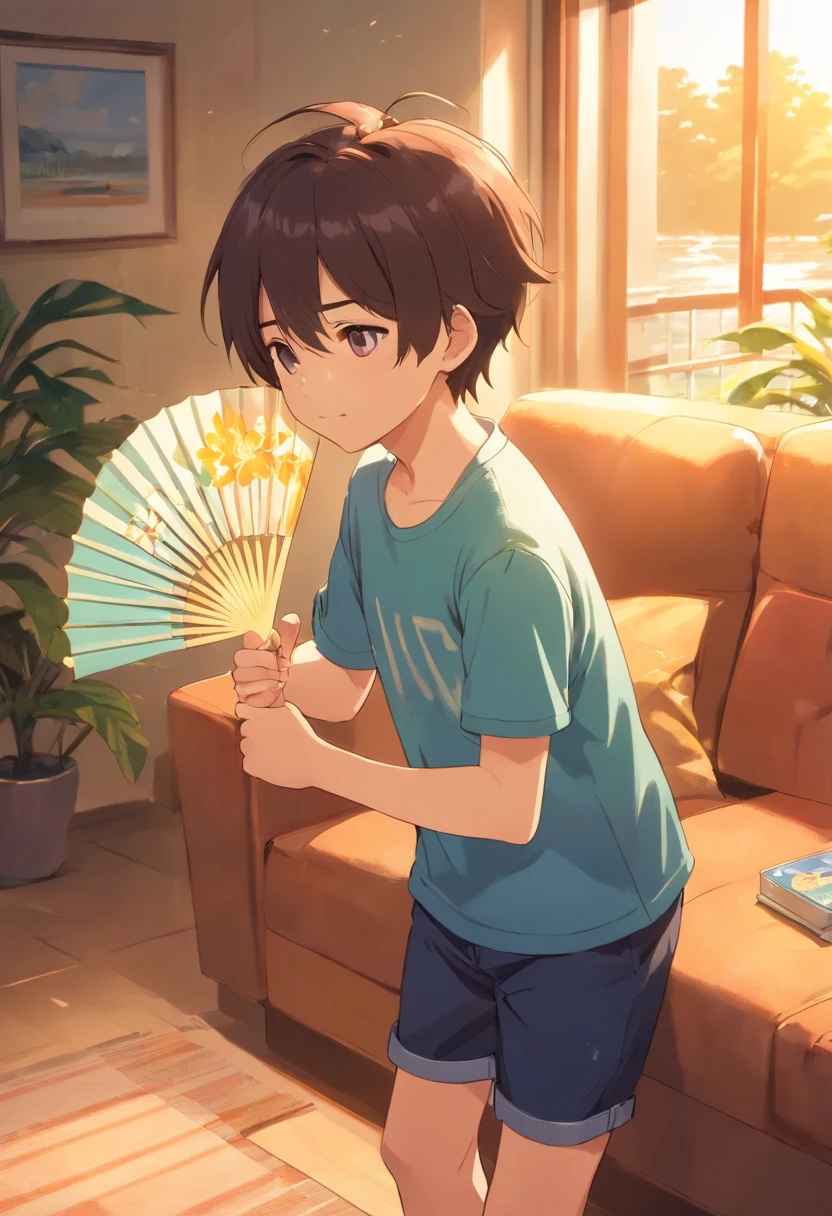 a sun-filled living room。There is a comfortable sofa in the background of the picture, and a cute boy in the center of the picture.,He is wearing short-sleeved clothes,Beads of sweat on his head,Beads of sweat flowed down the chain,Dripping down。He is holding a fan in his hand,is fanning vigorously,Trying to relieve feelings of heat。 The little39;s body is leaning,head slightly sideways,A focused expression on his face,My clothes are wet。He is holding a folding fan tightly,Swing the folding fan vigorously,It looks a little difficult but very cute。 The light in the picture tends to be brighter,To highlight the feeling of summer heat。