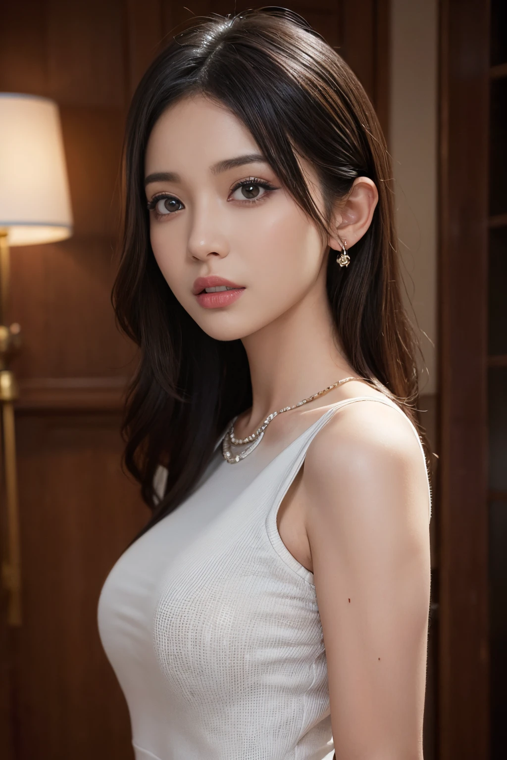 A woman in a white top and black pants posing for a picture - SeaArt AI