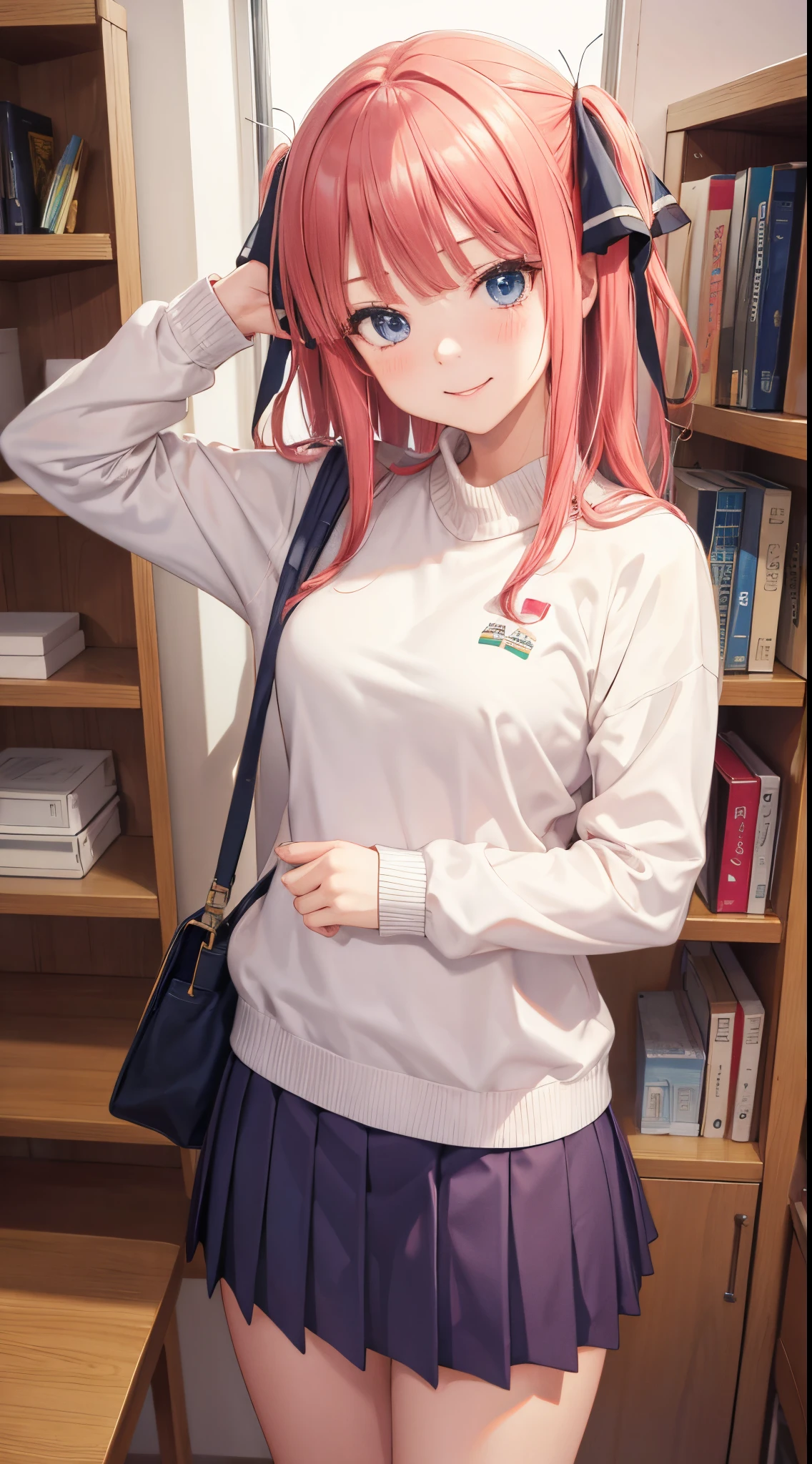 Nino Nakano riendo,pose sexy,high school uniform with sweater, preparatoria
