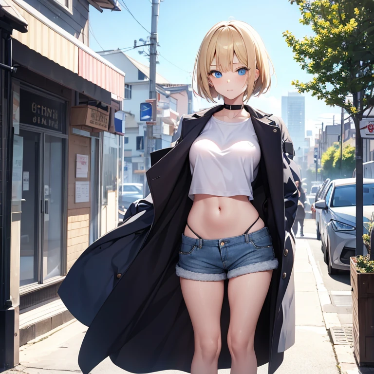 2D Anime Style、Blue eyes、Adults、breasts are slightly larger、Blonde Shorthair、Cool and beautiful woman、I'm embarrassed、full body Esbian、Winter outdoor、She is wearing shorts, a top that shows off her stomach, and a long coat.