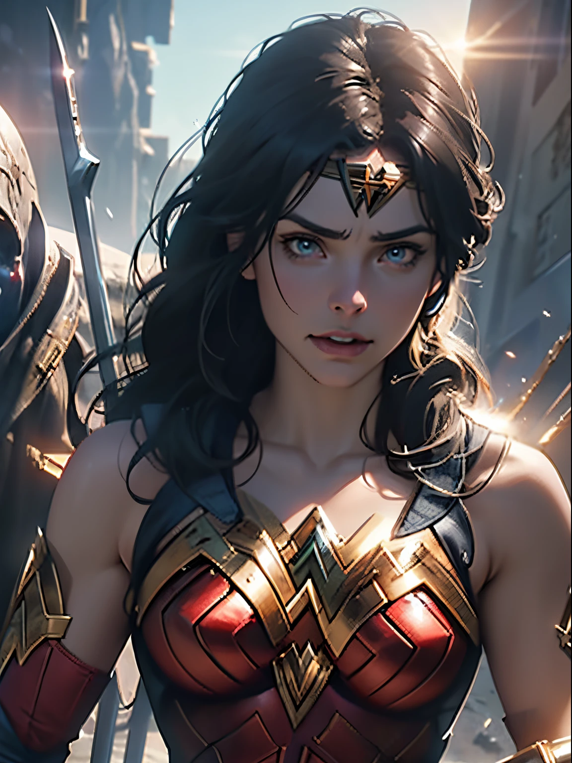 A cinematic scene, direct current'Wonder Woman Close-up, Distorted space, Twisted undead creatures in the background, lens flare glow, axes, Complicated details, high detal, Volumetriclighting, 4k rendering, pic, hyper realisitc, The texture is very real, dramatic lights, unreal-engine