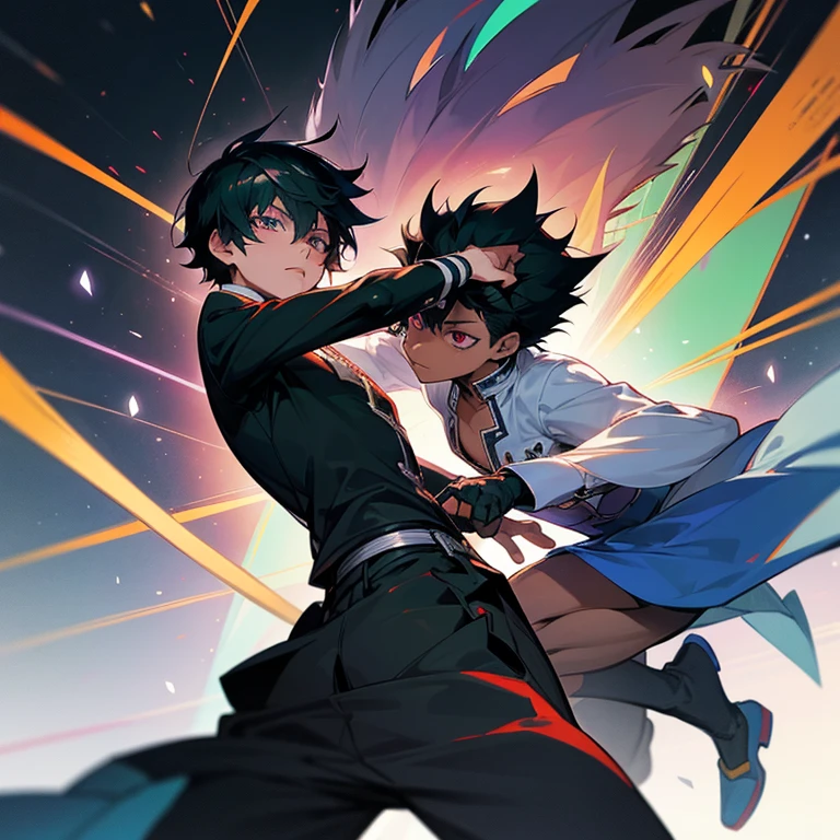 A young man with black hair styled in a saibat style, black eyes, wearing a shirt, shorts, red and black sneakers, holding a dart and throwing it at a snake-like creature with ice-blue horns, a white body, and cold cold.