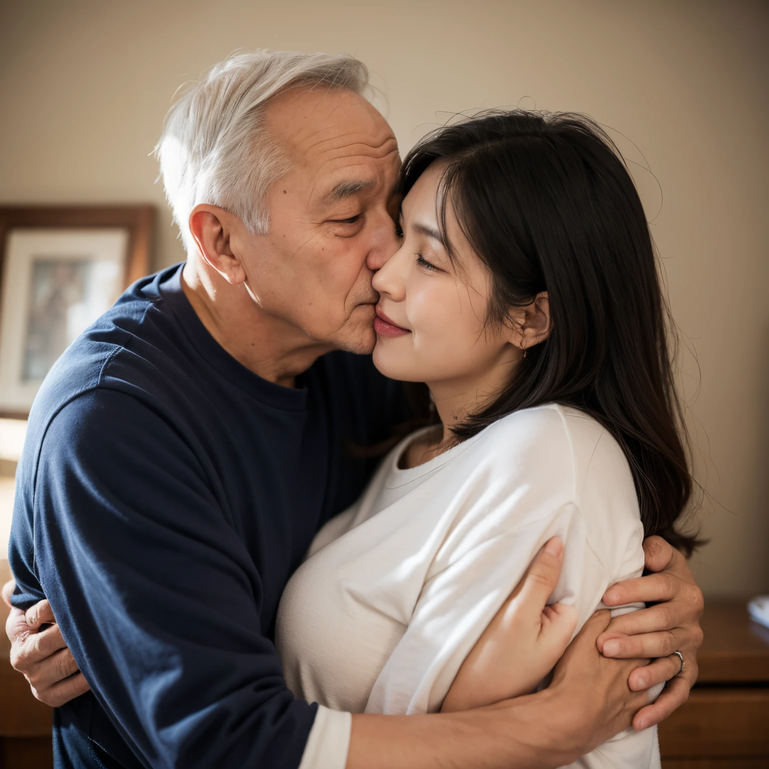 Just two people,Old man hugging his 20 year old daughter in law,Face to face,kiss,Touching the chest
