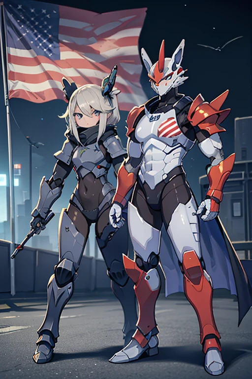 robot dragon full body, sci-fi style, industrial look, American flag on chest armor