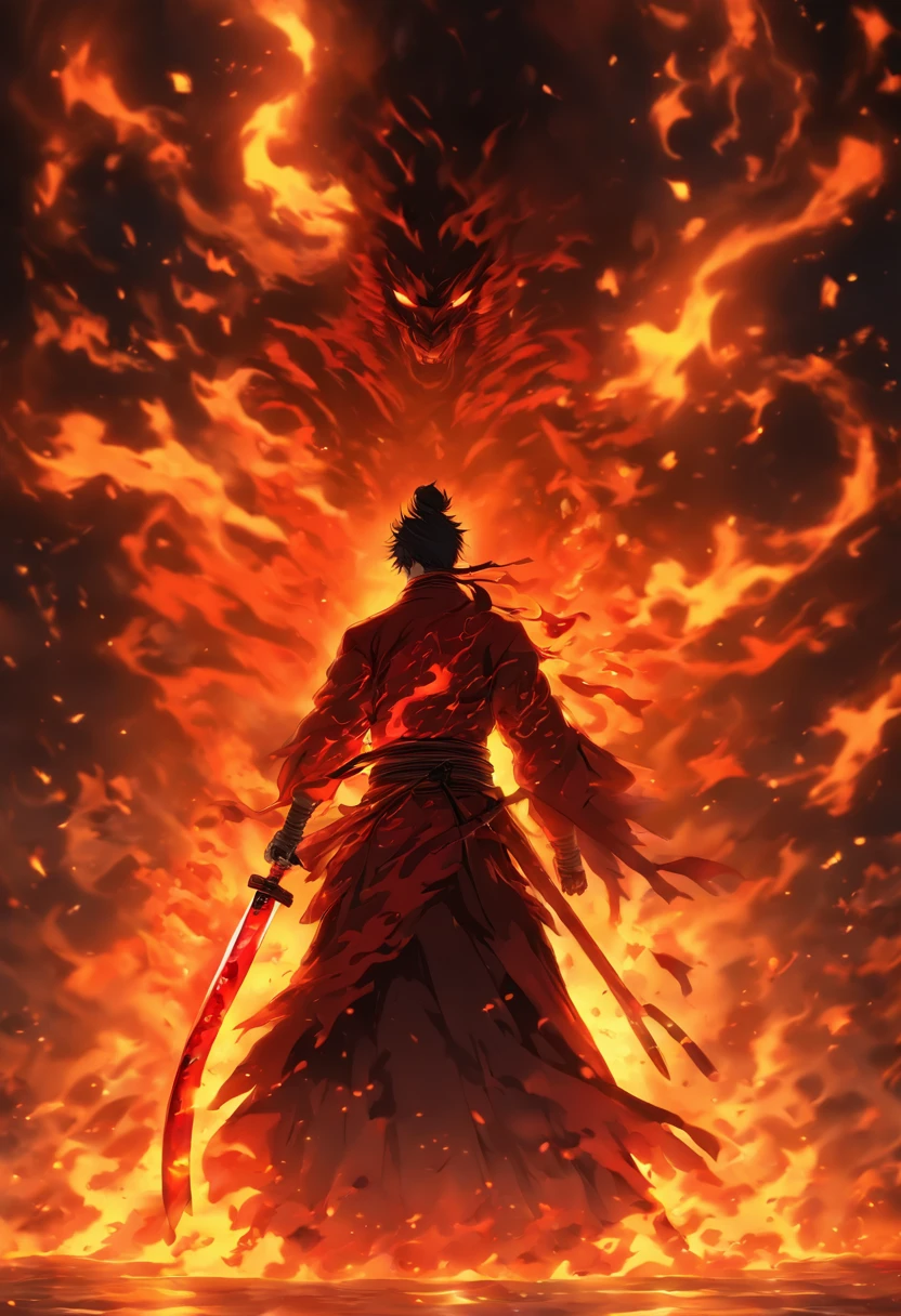 Soul Fire Katana Finds Its Mysterious Owner, A male figure is enveloped in ethereal flames，Reflecting the deep red etching on the blade. His mysterious existence hints at a close connection to the forces of hell. when he wields his katana, A blazing shadow hung over him, The mysterious dance of creation, destruction and rebirth, Embodying the eternal cycle of flames.