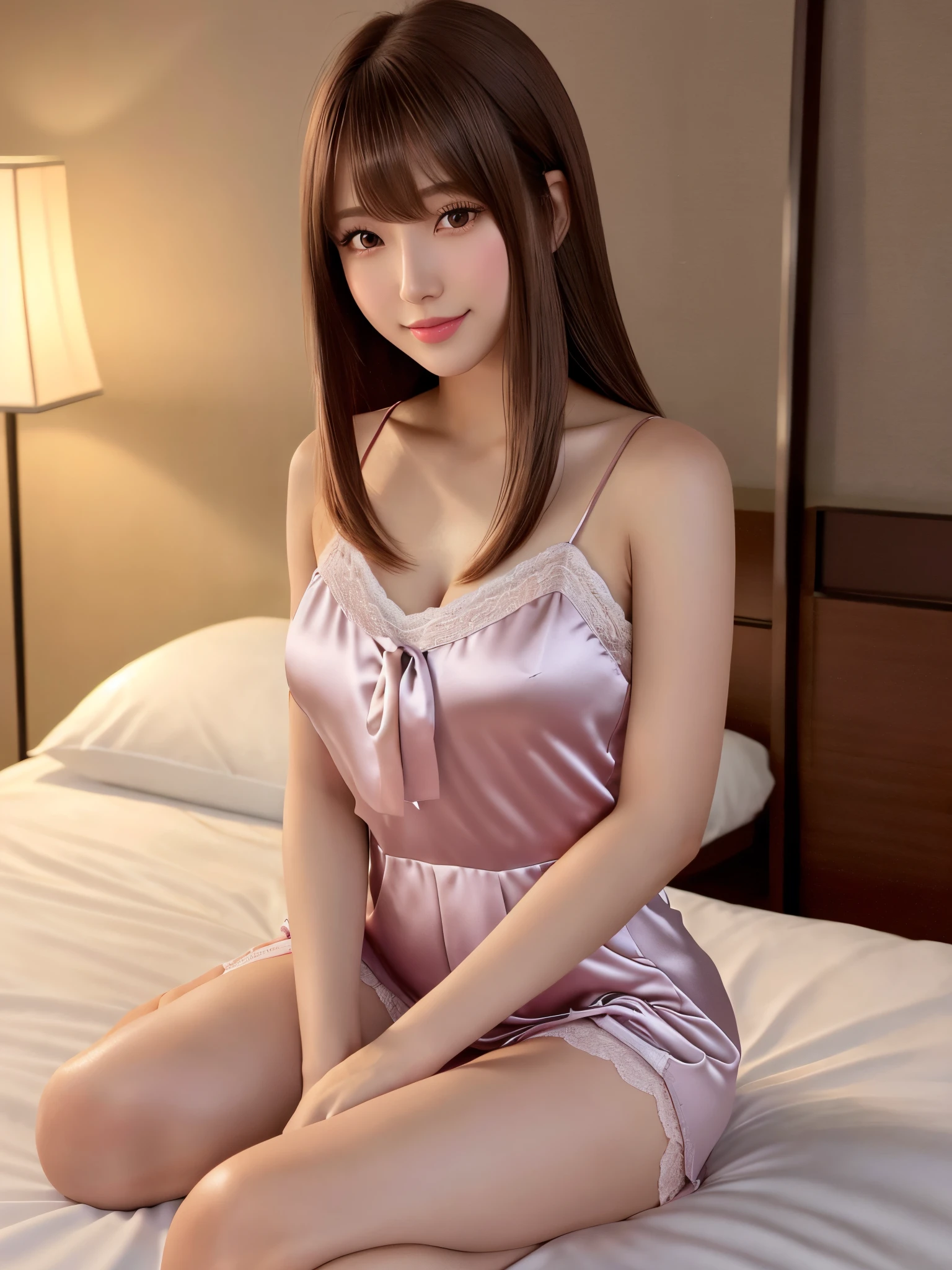 product quality, 1 girl per 1 photo, full body shot, front view, a Japanese young pretty girl, long bob hair, sitting alone on a silk bed in front of a beautiful night view with a big smile in a room of a luxury hotel in the night, wet body, beautiful night view, long length satin light pink chemise with laces, hyper cute face, glossy lips, double eyelids for both eyes, natural makeup, shiny smooth light brown hair of long bob hair, asymmetrical bangs, high resolution, high detail, detailed hairstyle, detailed face, cinematic lighting, octane rendering, hyper realistic, perfect limbs, perfect ???????