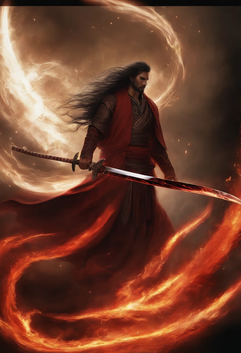 Soul Fire Katana Finds Its Mysterious Owner, A male figure is enveloped in ethereal flames,Reflecting the deep red etching on the blade. His mysterious existence hints at a close connection to the forces of hell. when he wields his katana, A blazing shadow hung over him, The mysterious dance of creation, destruction and rebirth, Embodying the eternal cycle of flames.