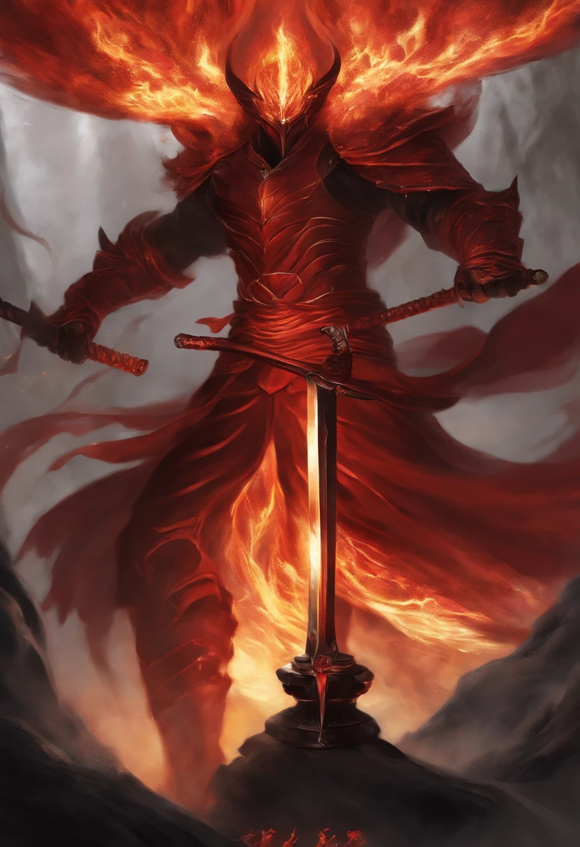 Soul Fire Katana Finds Its Mysterious Owner, A male figure is enveloped in ethereal flames,Reflecting the deep red etching on the blade. His mysterious existence hints at a close connection to the forces of hell. when he wields his katana, A blazing shadow hung over him, The mysterious dance of creation, destruction and rebirth, Embodying the eternal cycle of flames.