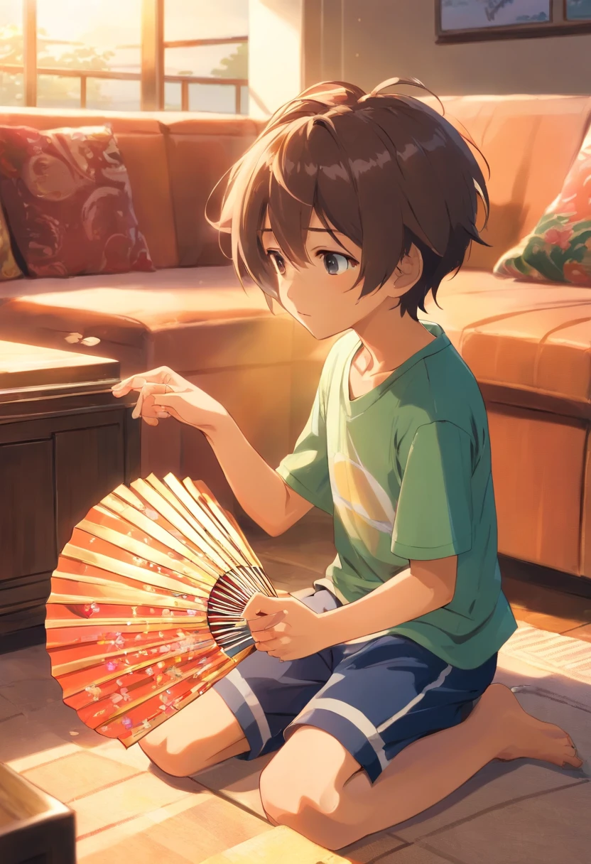 a sun-filled living room。There is a comfortable sofa in the background of the picture, and a cute little boy in the center of the picture.,He is wearing short-sleeved clothes,Beads of sweat on his head,Beads of sweat flowed down the chain,Dripping down。He is holding a fan in his hand,is fanning vigorously,Trying to relieve feelings of heat。 The little boy's body is leaning,head slightly sideways,A focused expression on his face,My clothes are wet。He is holding a folding fan tightly,Swing the folding fan vigorously,The folding fan is relatively large,The little boy seemed a little struggling。 The light in the picture tends to be brighter,To highlight the feeling of summer heat。