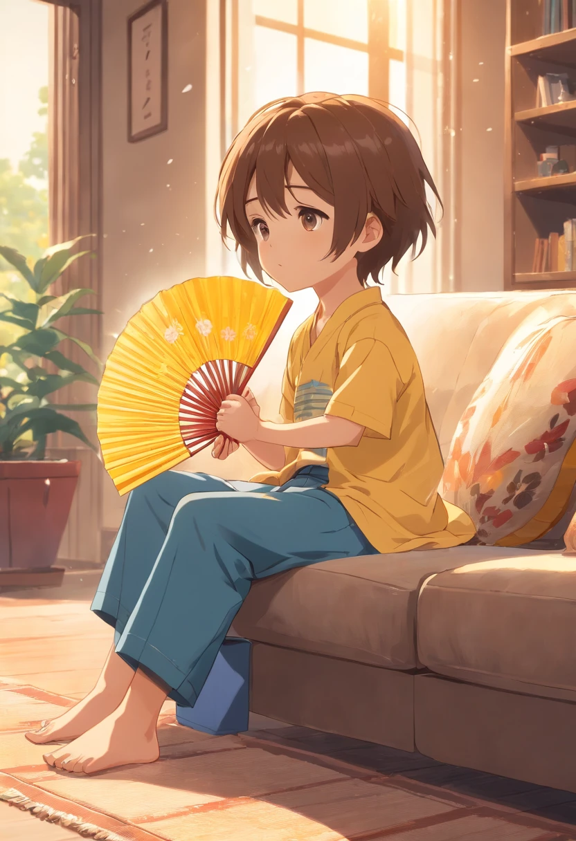 a sun-filled living room。There is a comfortable sofa in the background of the picture, and a cute boy in the center of the picture.,He is wearing short-sleeved clothes,Beads of sweat on his head,Beads of sweat flowed down the chain,Dripping down。He is holding a fan in his hand,is fanning vigorously,Trying to relieve feelings of heat。 The little39;s body is leaning,head slightly sideways,A focused expression on his face,My clothes are wet。He is holding a folding fan tightly,Swing the folding fan vigorously,The folding fan is relatively large,The little boy sa little struggling。 The light in the picture tends to be brighter,To highlight the feeling of summer heat。