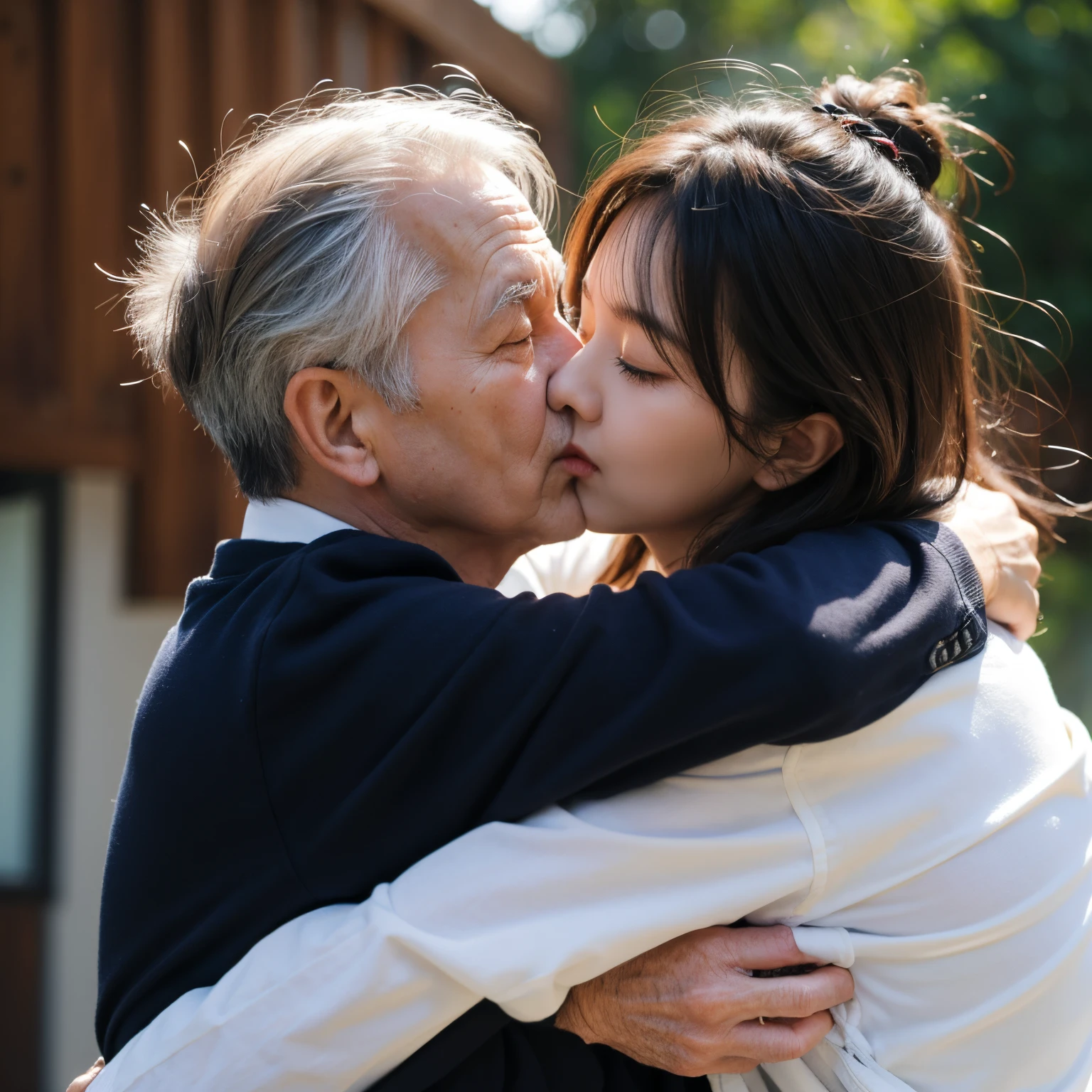 Arafed asian woman kissing an older man in a white shirt - SeaArt AI