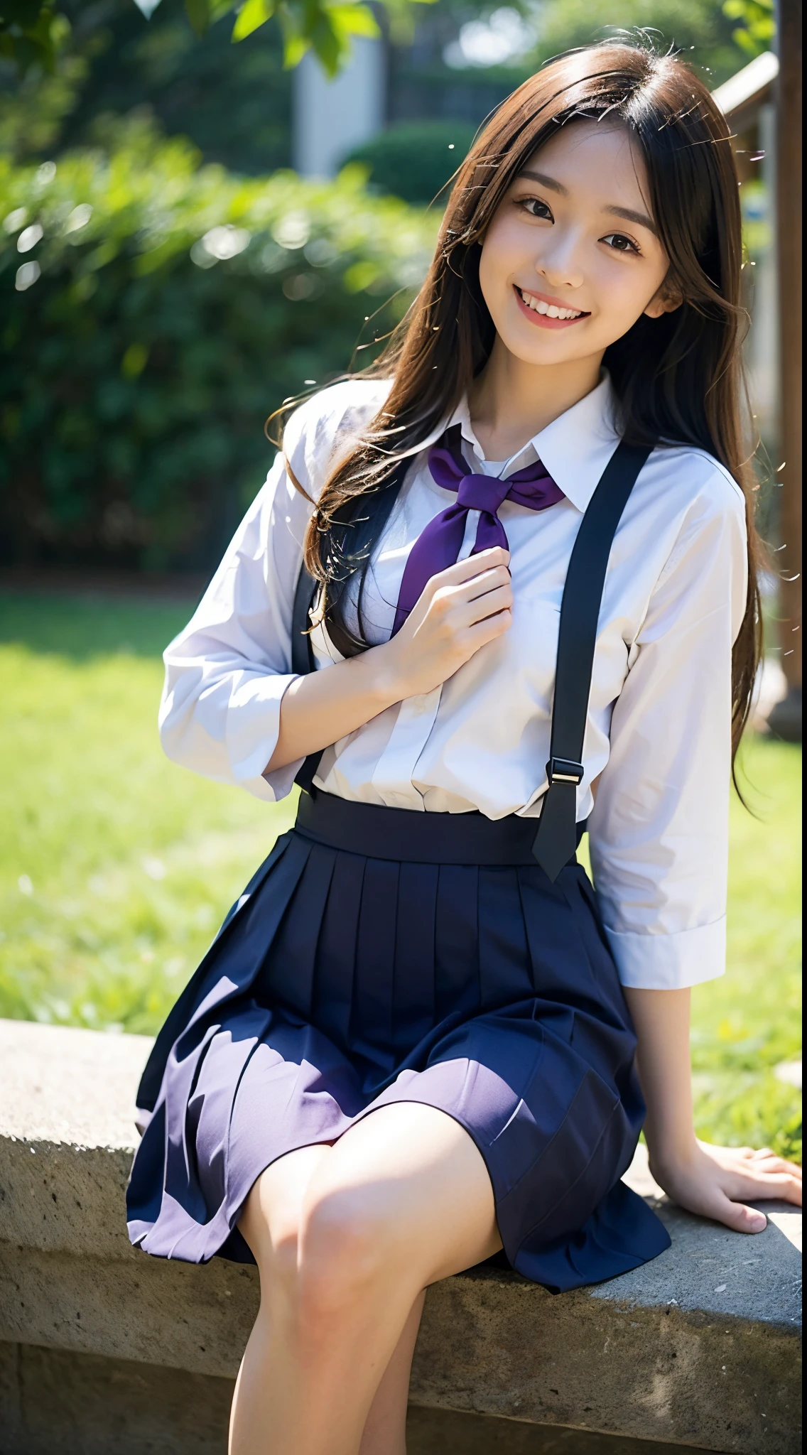 girl, long whitr hair,japanes ,Happy smile, Purple school uniform, schools, Sit Pose, actual,with dynamism, Green background, Extremely Delicately Beautiful, The is very detailed,