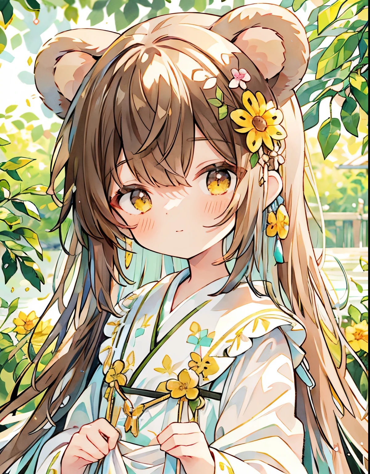 1girl in, Elegant floral dress, absurderes, hight resolution, (Anime style:1.1), ((masutepiece)), ((Best Quality)), (Ultra-detailed), (Beautiful),Beautiful face、(liftup),Cute little girl s、(((Bear ears)))((Stuffy look、))heart mark、honey、light brown hair、Yellow eyes、yellow flower、Background Simple、((The upper part of the body))、Long、 Intricate details, Soft and dreamy lighting, Pastel color palette, Shallow depth of field, The blur of sunlight shining through the leaves, Highly detailed, Hyper-realistic,