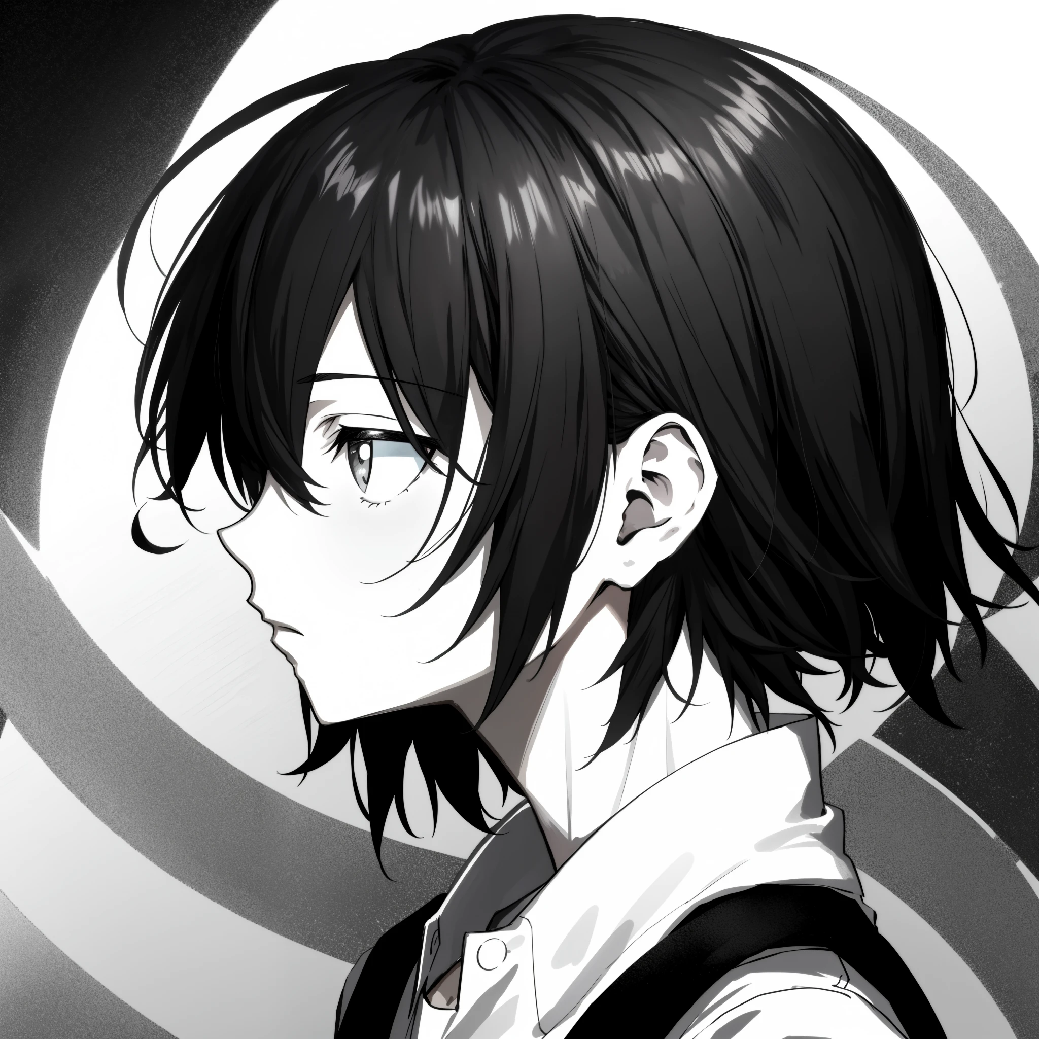 Black and white anime，1boy，head portrait，sideface