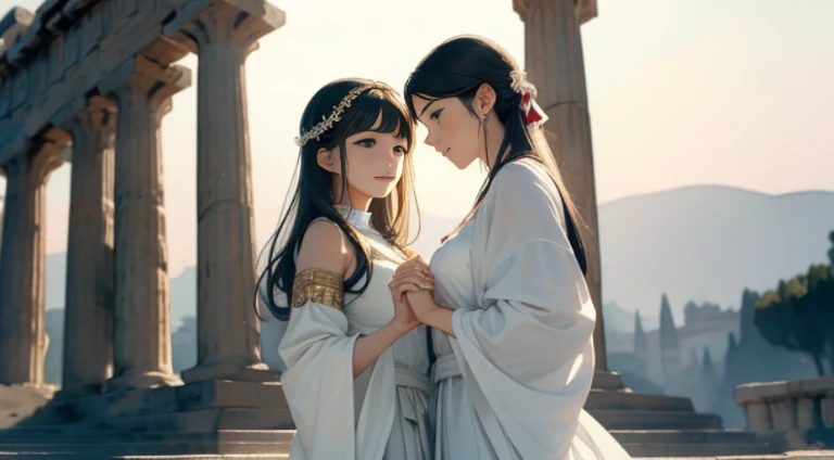 (top-quality、hight resolution、masterpiece)、((Watercolor in Sargent style))、(David Hamilton Style)、(softfocus)、ancient greek scene 、The world of Bilitis songs、(greek female bard)、22year old、美丽的面容、Well-formed eyes and nose、Bewitching smile、Detailed depiction of the face、Classic hairstyles、Beautiful figure、detail portrayal、(ancient greek clothes)、(White tunic)、greek toga、(two womens)、(Two beautiful women hold hands and look at each other)、(Sing and dance)、Cinematic scenes、ciinematic light、softlight、raytrace、luminous sky、greek architecture columns、greek pine、(nostalgia)、classic vibes、Blur the background、